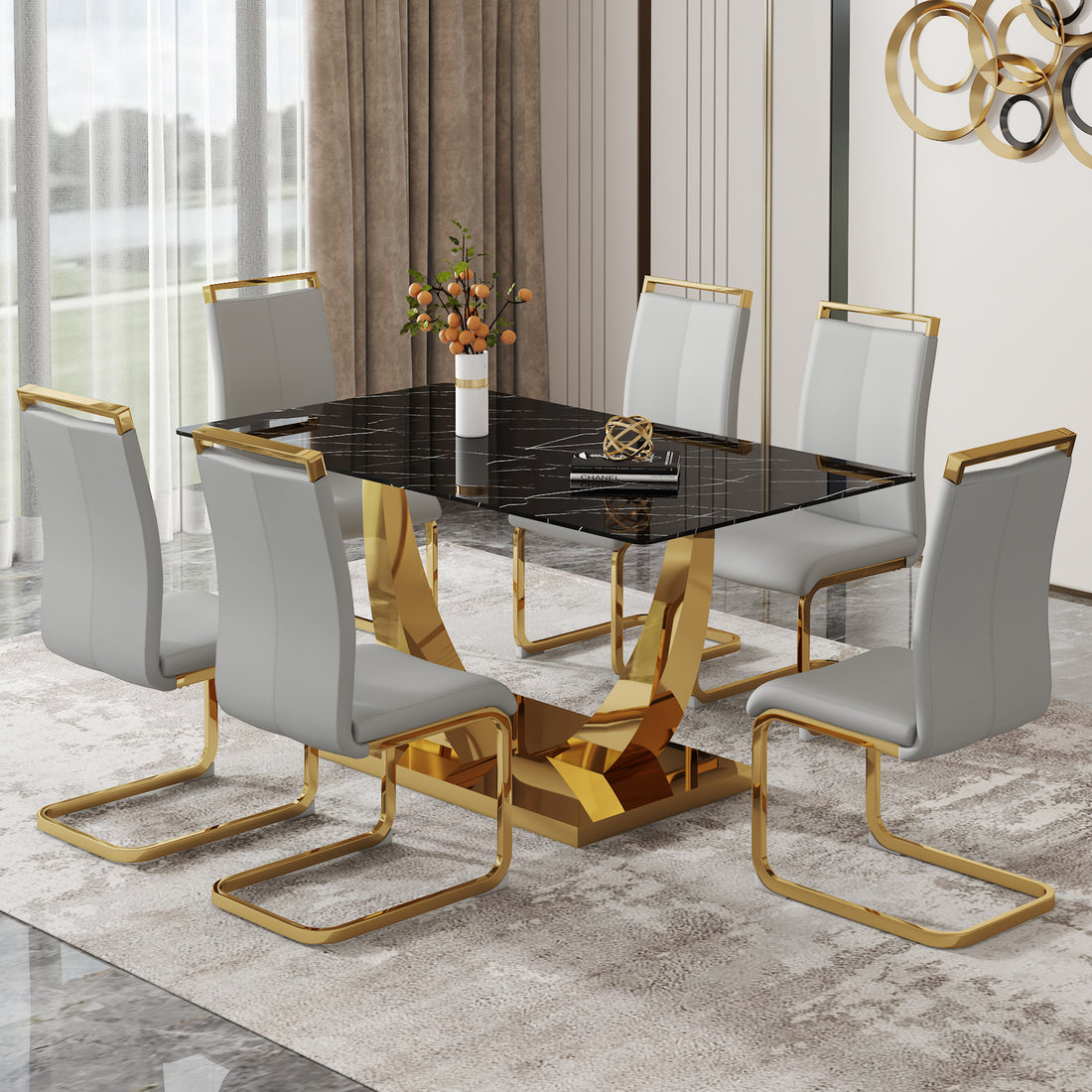 Table And Chair Set.Modern Rectangular Dining Table With Black Textured Stickers Glass Tabletop And Gold Plated Metal Legs.Paried With 6 Comfortable Chairs With Pu Seats And Golden Metal Legs. Gold,Light Gray Seats 6 Glass Metal