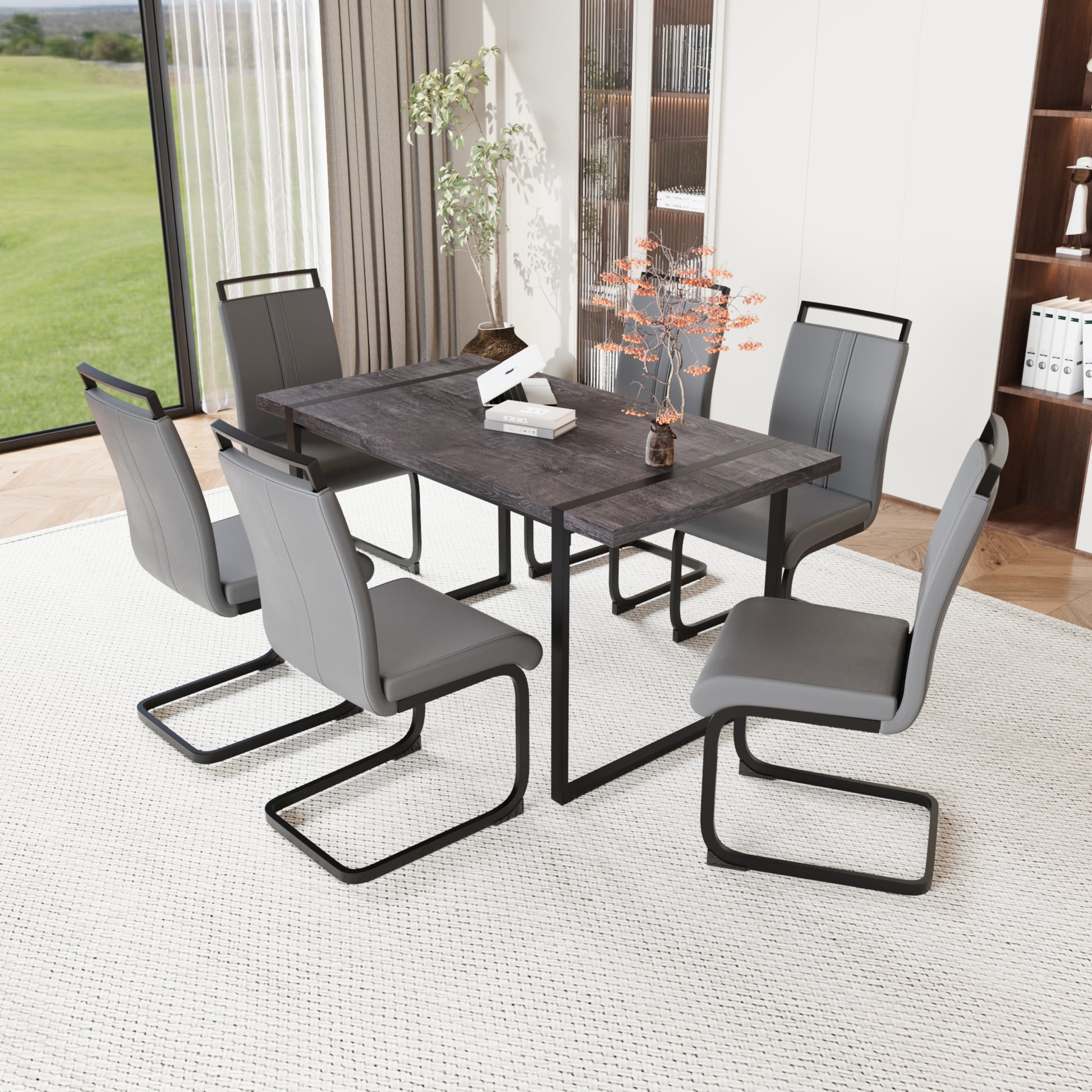 59 "Rural Industrial Rectangular Mdf Black Dining Table Set And Pu Armless Dining Chair Set, 6 Pieces. Kitchen Black Metal Table Leg Dining Chair Set Black Gray Mdf