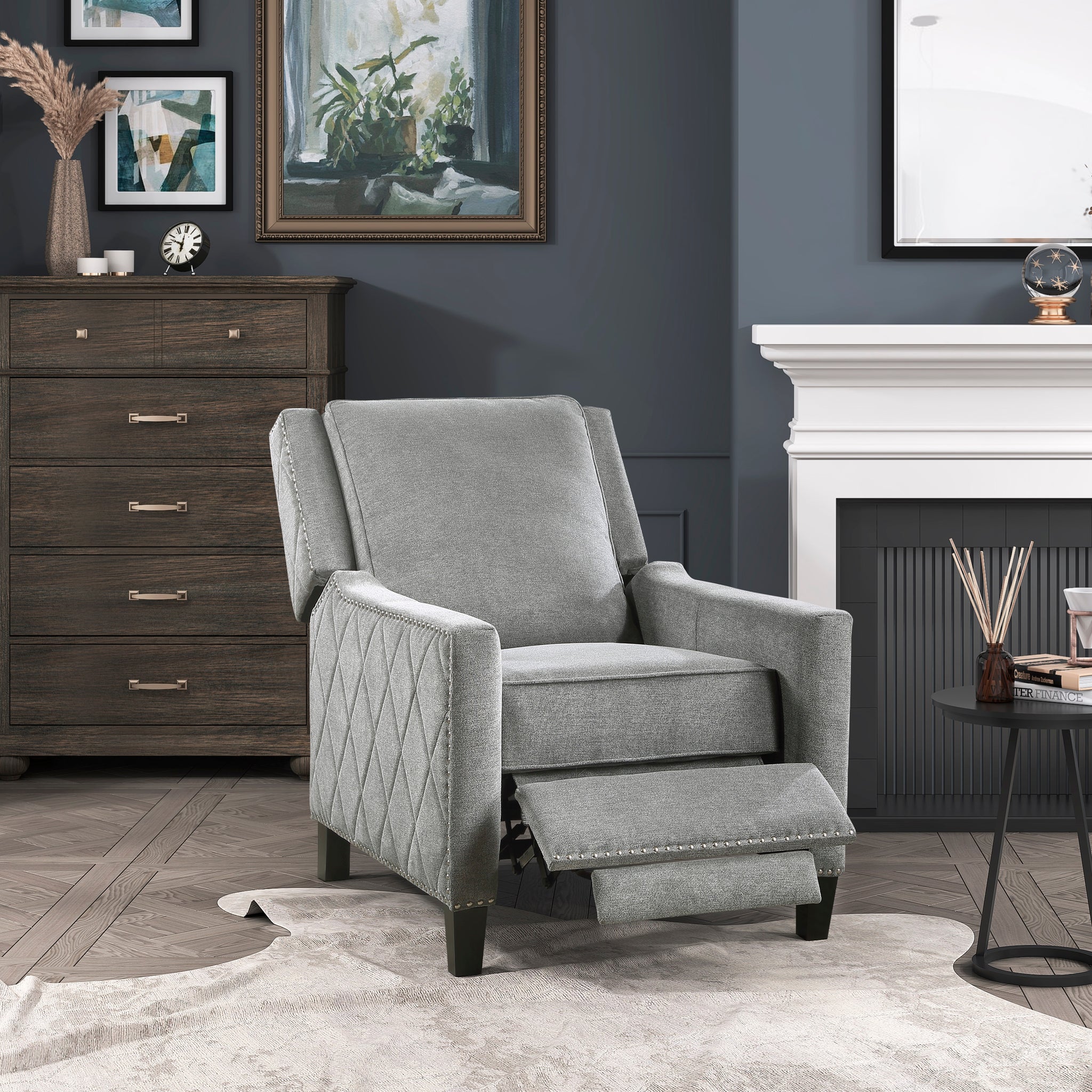 Modern Home Furniture Reclining Chair 1Pc Gray Textured Fabric Upholstered Trim Solid Wood Frame Self Reclining Motion Chair Gray Polyester Wood Modern Solid Wood