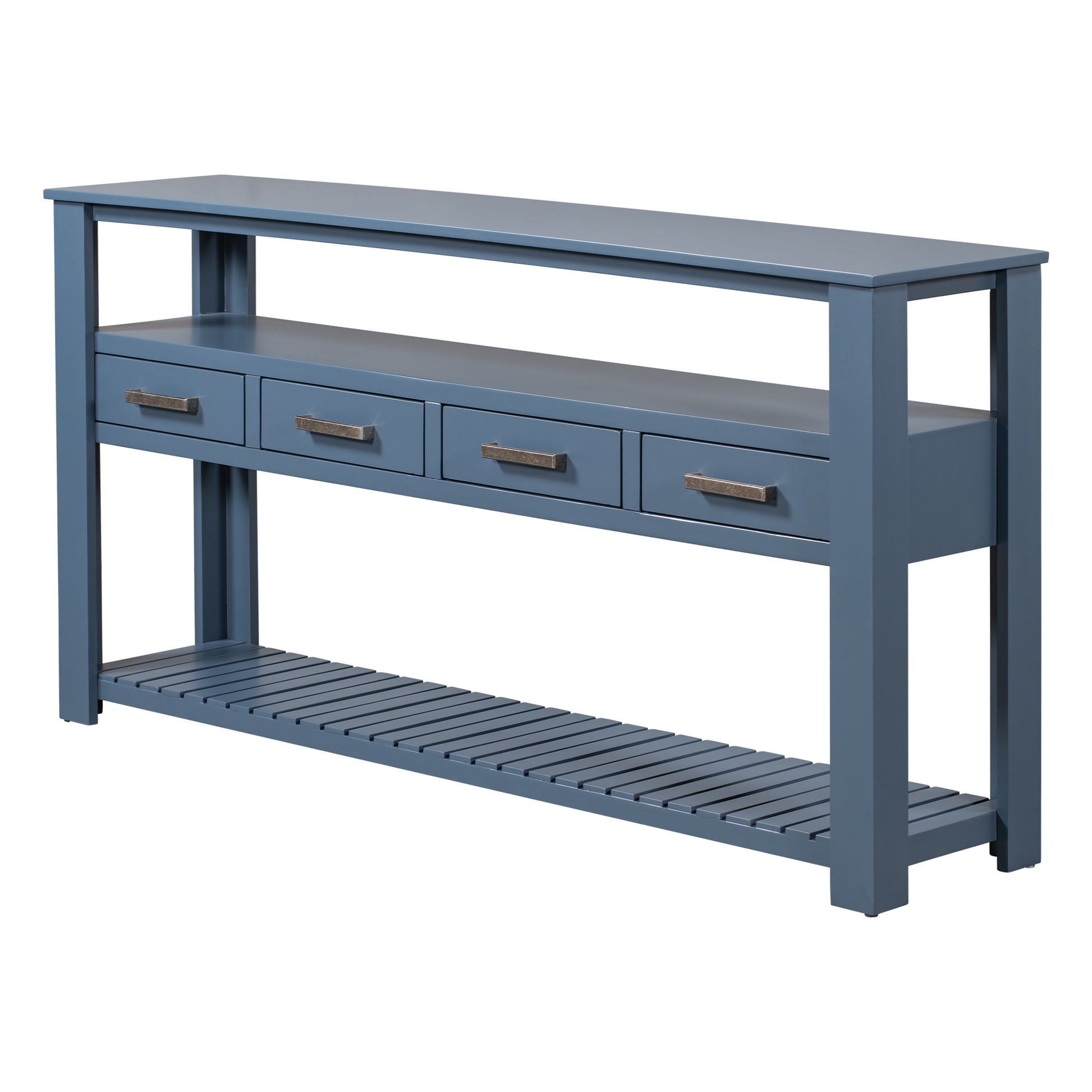 62.2'' Modern Console Table Sofa Table For Living Room With 4 Drawers And 2 Shelves Navy Blue Solid Wood Mdf