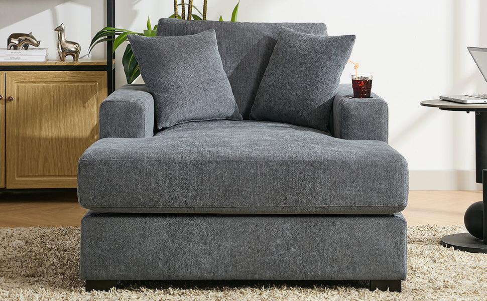 43.5" Oversized Chaise Lounger Modern Style Sofa Couch ,With Pillows, Charge Station & Cup Holders, Chenille Fabric, Blue Gray Blue Gray Chenille