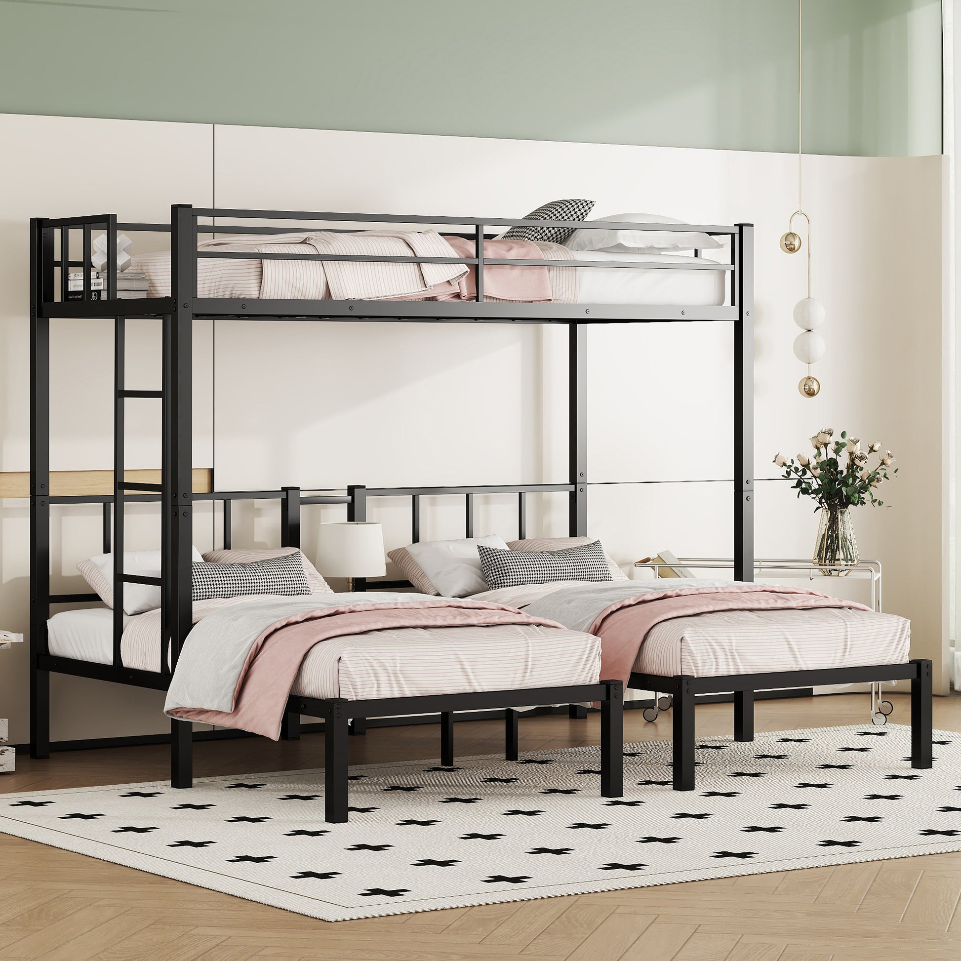 Twin Over Twin & Twin Bunk Beds For 3, Twin Xl Over Twin & Twin Bunk Bed Metal Triple Bunk Bed, Black Twin Xl Black Metal