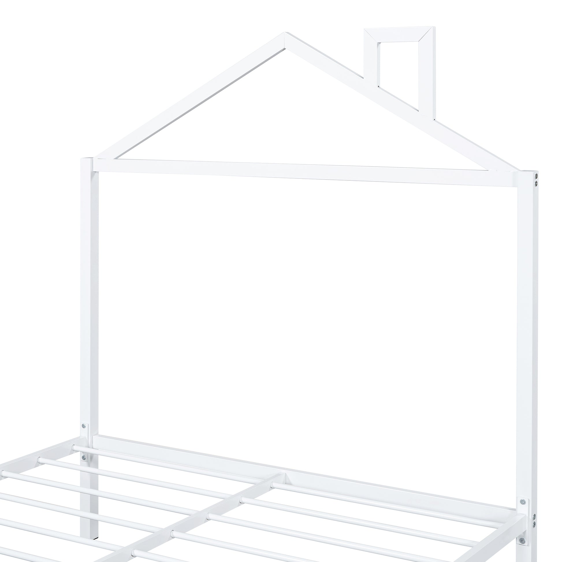 Full Size Metal Platform Bed With Twin Size Trundle,House Shaped Headboard Design, White Full White Metal