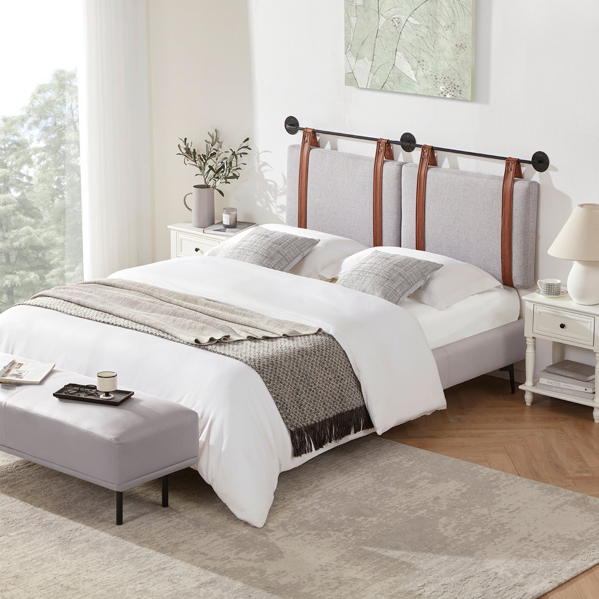 Wall Mounted Headboard King Size With Brown Faux Leather Straps, Linen Fabric Upholstered Headboard With Adjustable Heigh Headboard, King Headboard With Metal Bar For Dining Room, Bedroom, Grey King Grey Bed Frame Linen Fabric Metal