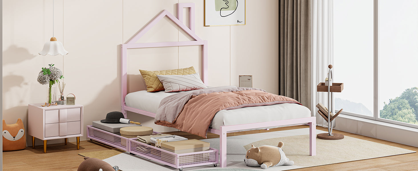 Twin Size Metal Platform Bed With Two Drawers,House Shaped Headboard Design, Pink Twin Pink Metal