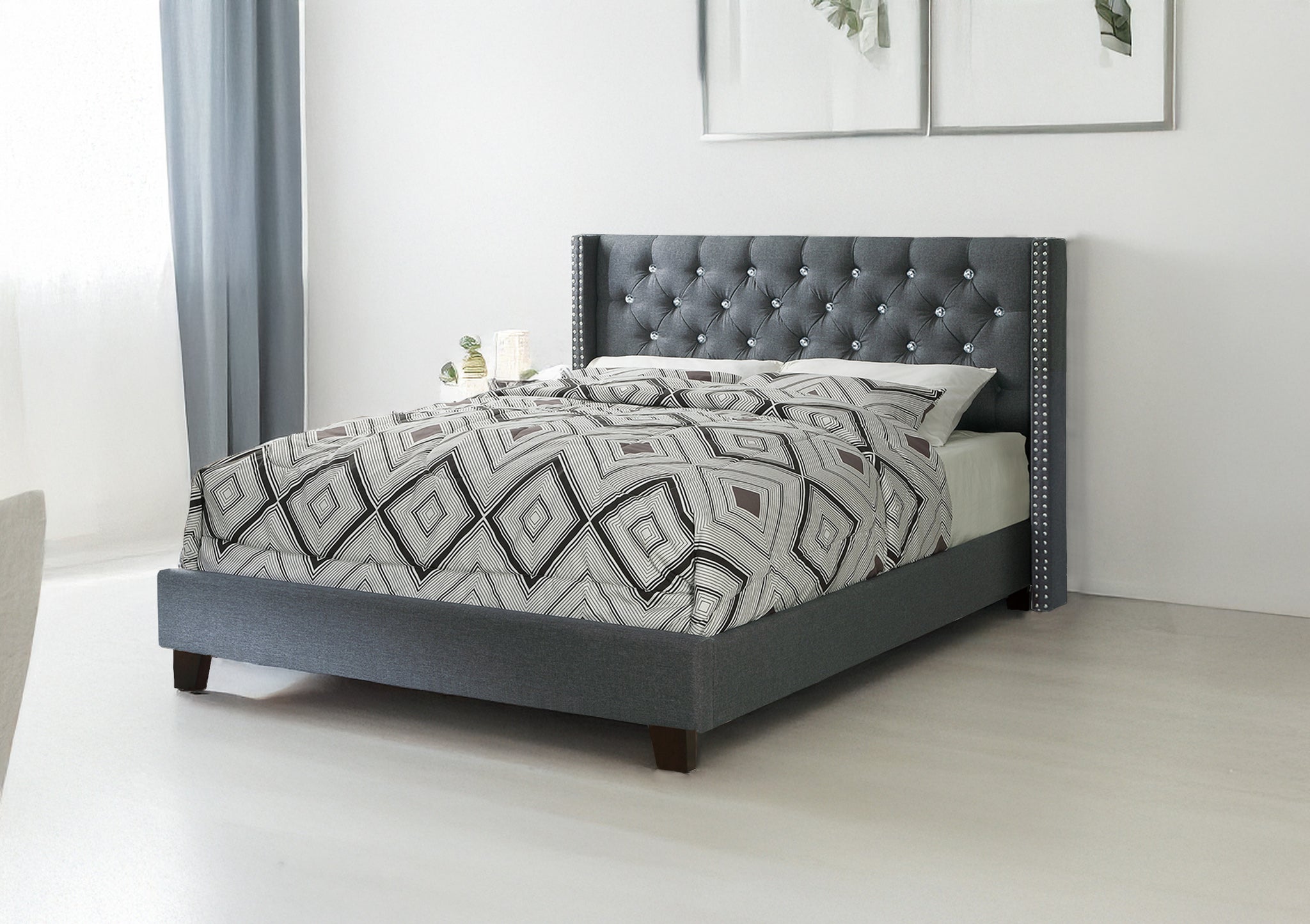 Queen Bed In Blue Gray Box Spring Not Required Queen Gray Fabric