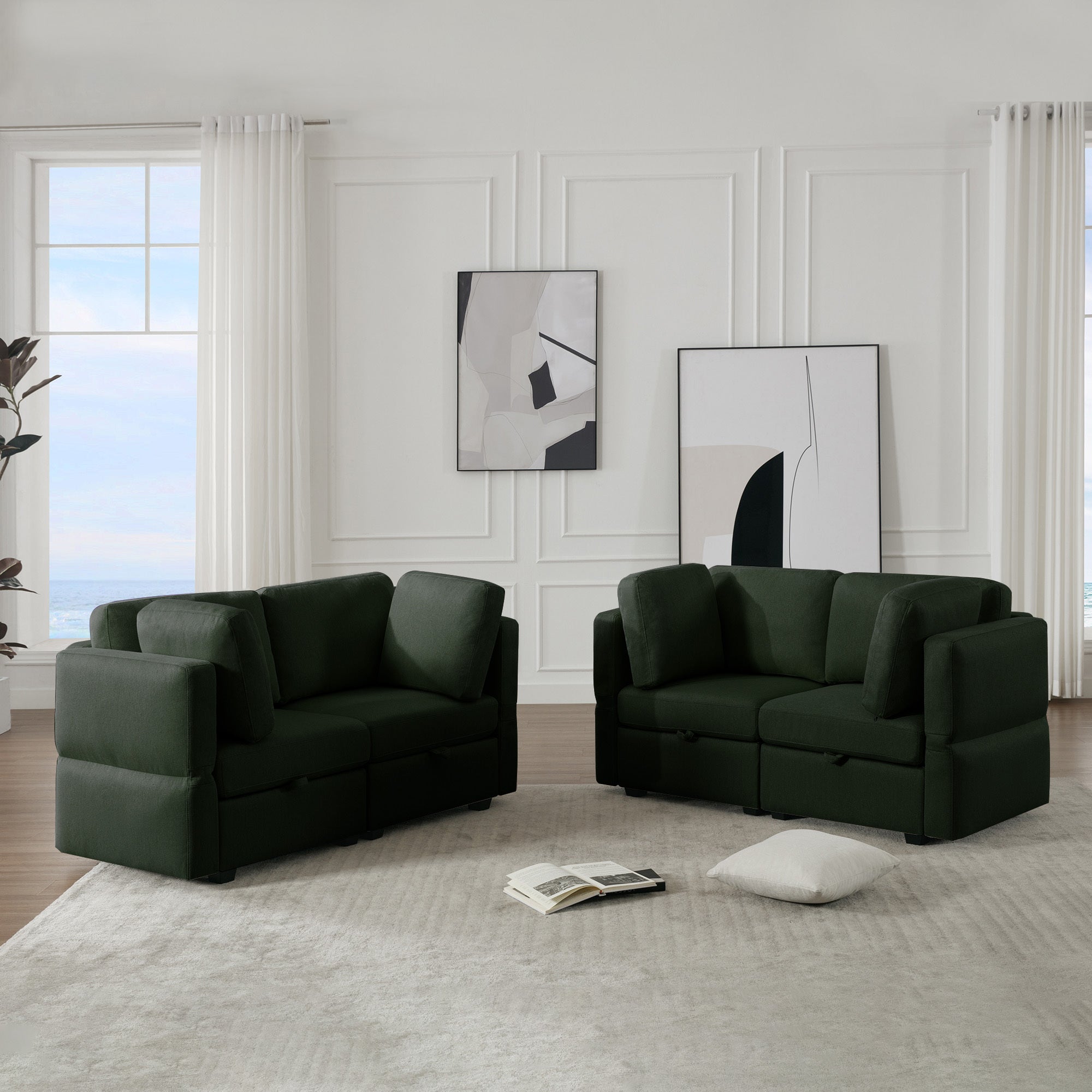 Living Room Furniture Sets, 2 Piece Comfy Upholstered Sofa Couch Set, Mid Century Modern Loveseat Sofa Sets With Storage Space Small Spaces Under Seats, Adjustable Arms And Backs Green Green Polyester 4 Seat