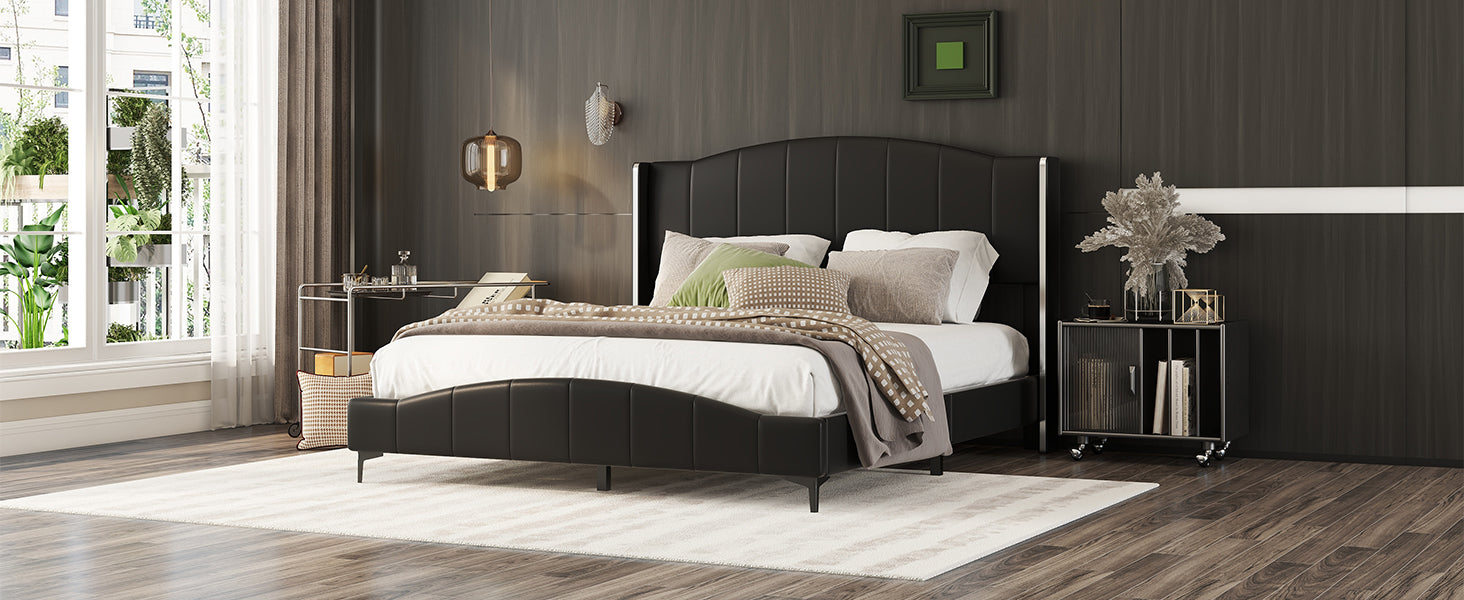 Queen Size Pu Leather Upholstered Platform Bed, Headboard With Wingback And Metal Bar Accents, No Box Spring Required, Black Queen Black Pu