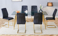 Table And Chair Set.Modern Rectangular Glass Dining Table With A Tempered Glass Tabletop And Metal Legs, Paired With Multiple Chairs Designed With Pu Cushions And Golden Metal Legs. Black Gold Seats 6 Tempered Glass