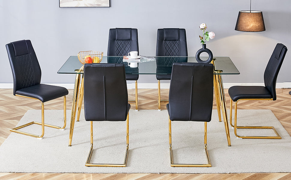 Table And Chair Set.Modern Rectangular Glass Dining Table With A Tempered Glass Tabletop And Metal Legs, Paired With Multiple Chairs Designed With Pu Cushions And Golden Metal Legs. Black Gold Seats 6 Tempered Glass