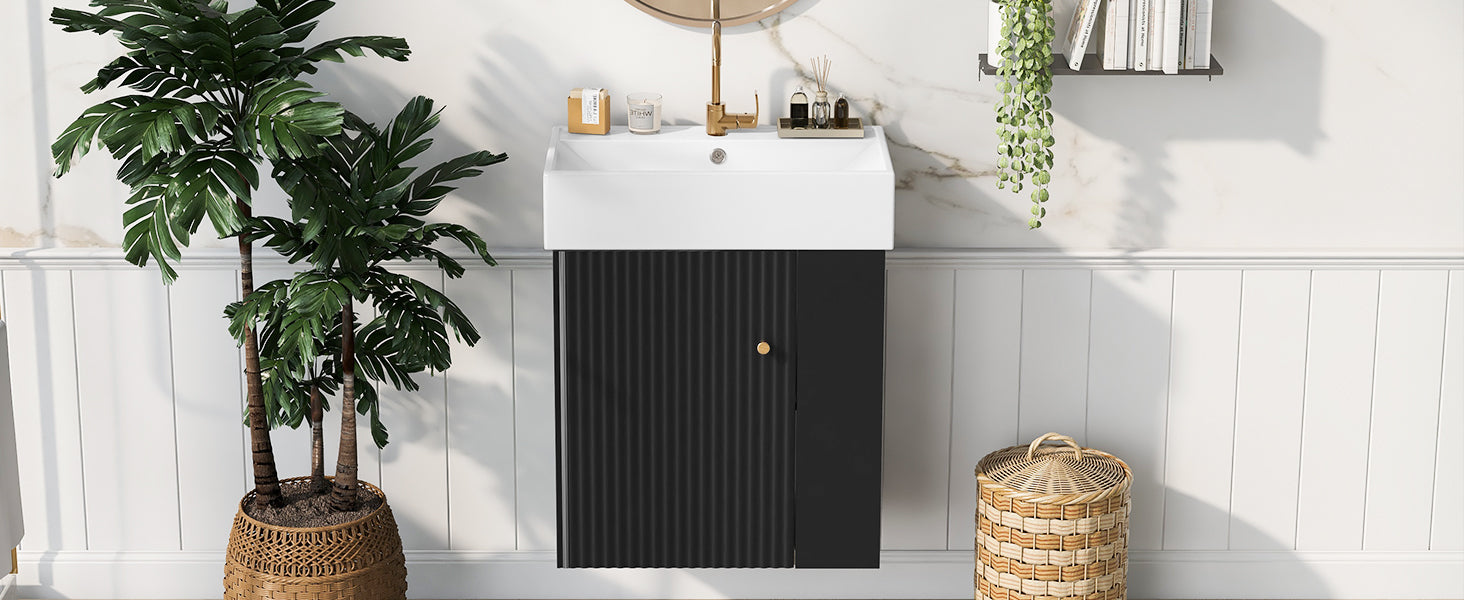 Video 21.6 Inch Modern Floating Bathroom Vanity With Ceramic Basin Perfect For Small Bathrooms, Right Side Storage Black Bathroom Ceramic Mdf