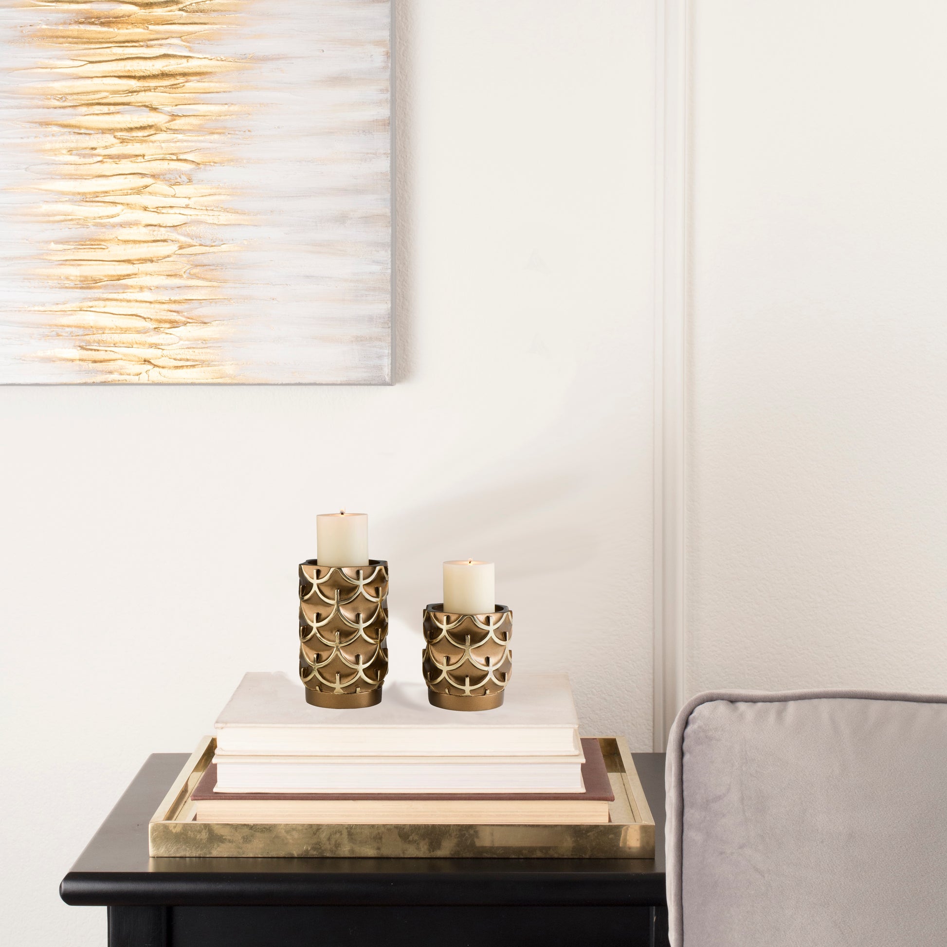 5.5" And 8" Tall Polyresin "Mystic Owl" Candleholder, Golden Finish Set Of 2 Gold Polyresin