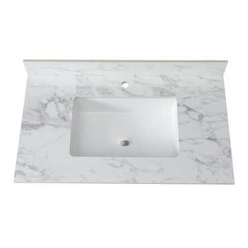 37"X22"Bathroom Vanity Top,Sintered Stone Carra Whitebarthroom Vanity Sink Tops With Rectangular Undermount Ceramic Sink With Vanity Backsplash, Single Faucet Hole Bathroom Vanity Countertop White