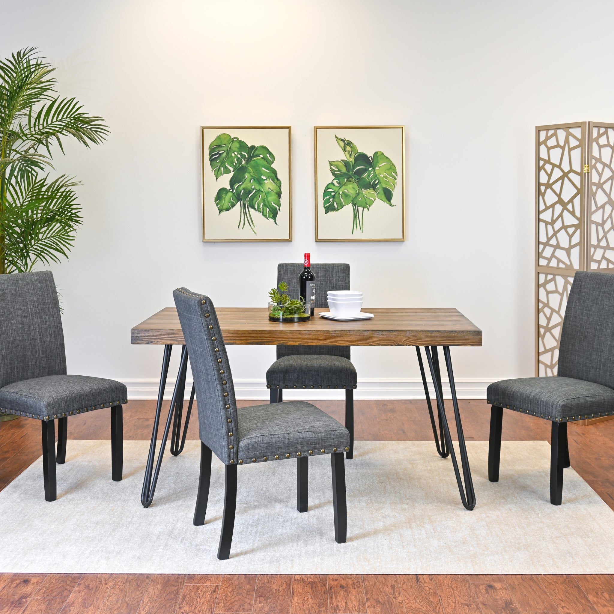 Amisos 5 Piece Dining Set, Hairpin Dining Table With 4 Chairs, 3 Color Options Wood Brown Seats 4 Brown Metal Dining Room Fixed Table Rubberwood Rectangular 4 Leg Rectangular Dining Table With Chair Mdf