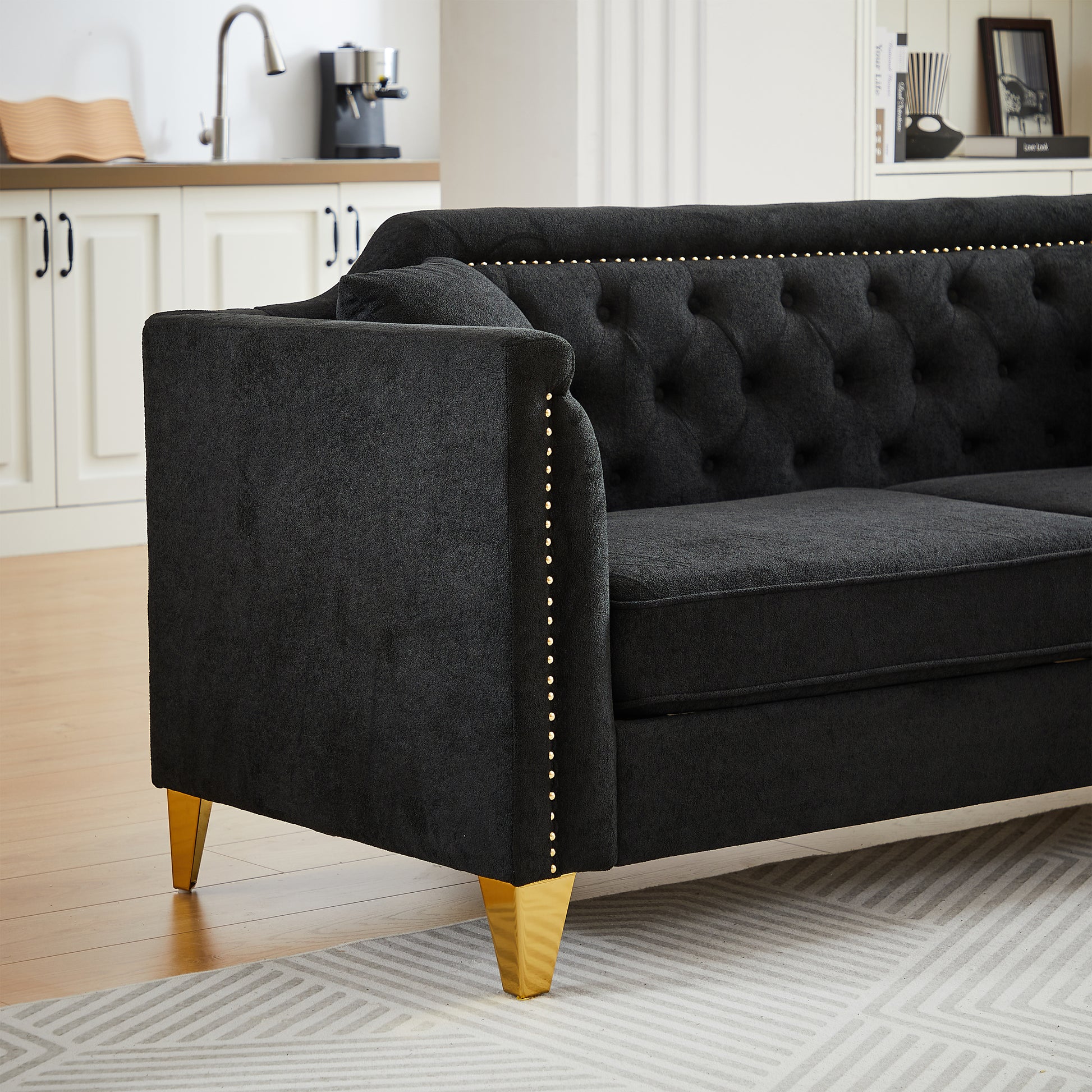 Fx 61.5"Mid Century Design Modern Sofa,Chenille Pull Buckle Design Sofa For Living Room,Buttons Tufted With Copper Nail Decoration Armrest, With 2 Pillows,Modern Couch Upholstered Button And Metal Leg Black Chenille Wood Pine Foam Fabric 2 Seat