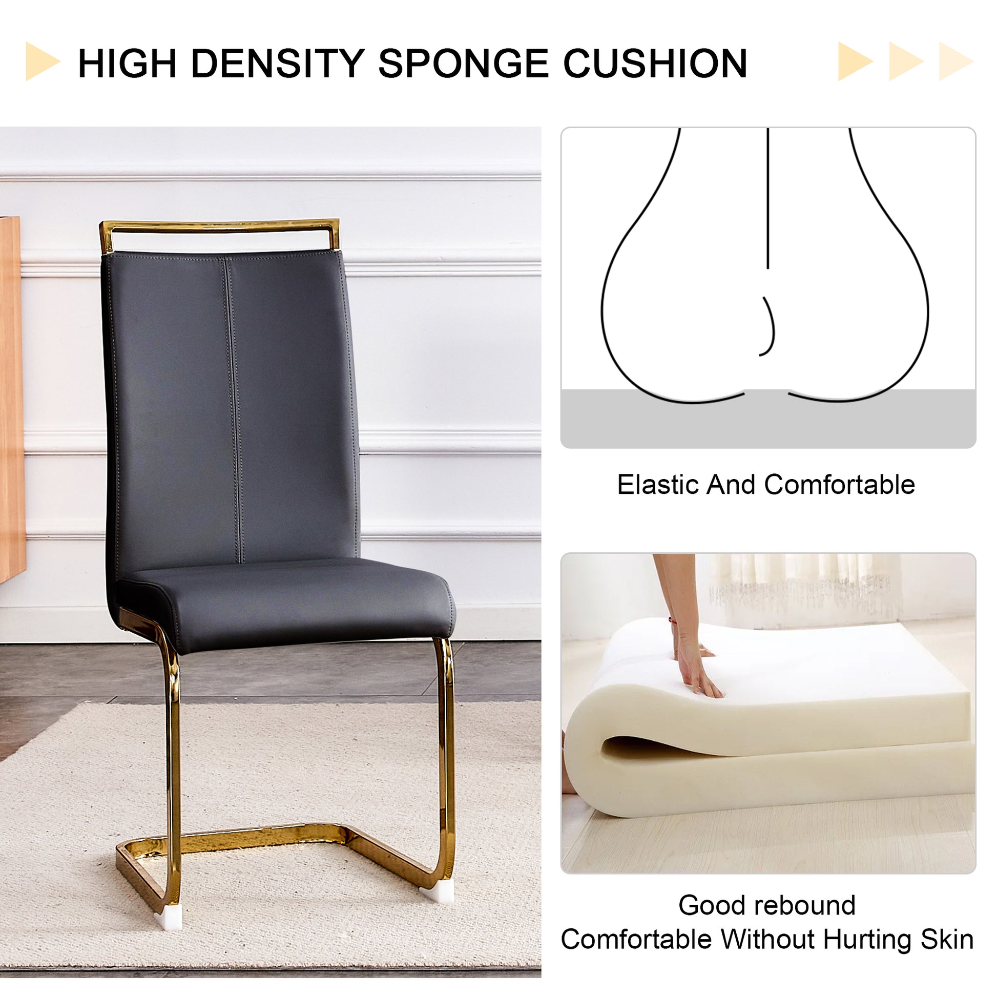 Table And Chair Set,Modern Rectangular Table With 0.4 Inch Black Patterned Tabletop And Gold Legs, Suitable For Kitchen, Dining Room, And Living Roomcomfortable Pu Seats,Perfect For Dinner, Meet Black Seats 6 Sintered Stone