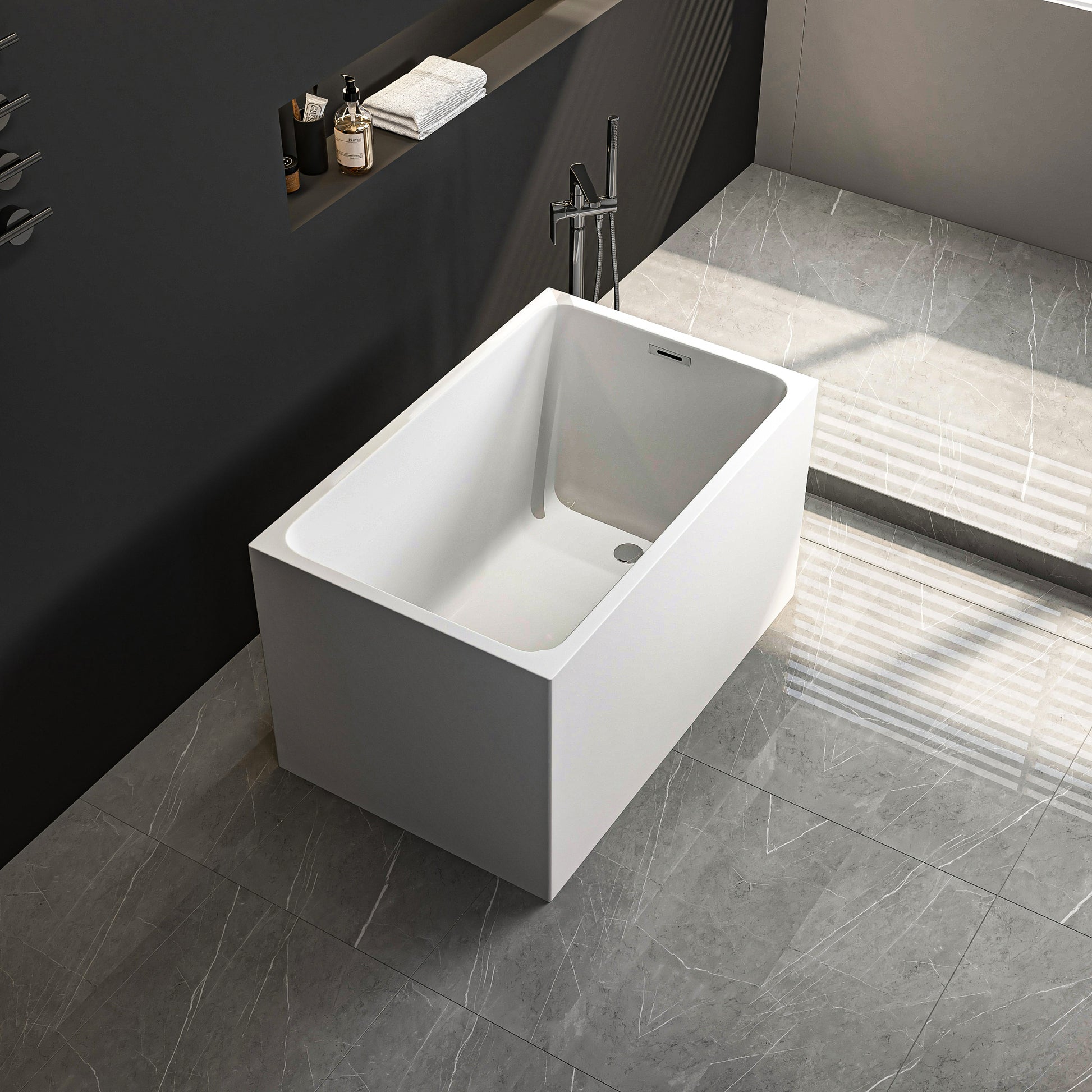 43" Acrylic Freestanding Bathtub: Spacious Rectangle Shape, Gloss White Finish, Chrome Overflow & Pop Up Drain White Rectangle Bathroom Freestanding Tubs Polished Less Than 59 In Contemporary Soaking Center Acrylic Acrylic