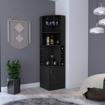 Corner Bar Cabinet, Double Door Cabinet, Glass Rack, Eight Built In Wine Rack, Black Black Solid Wood Mdf Engineered Wood