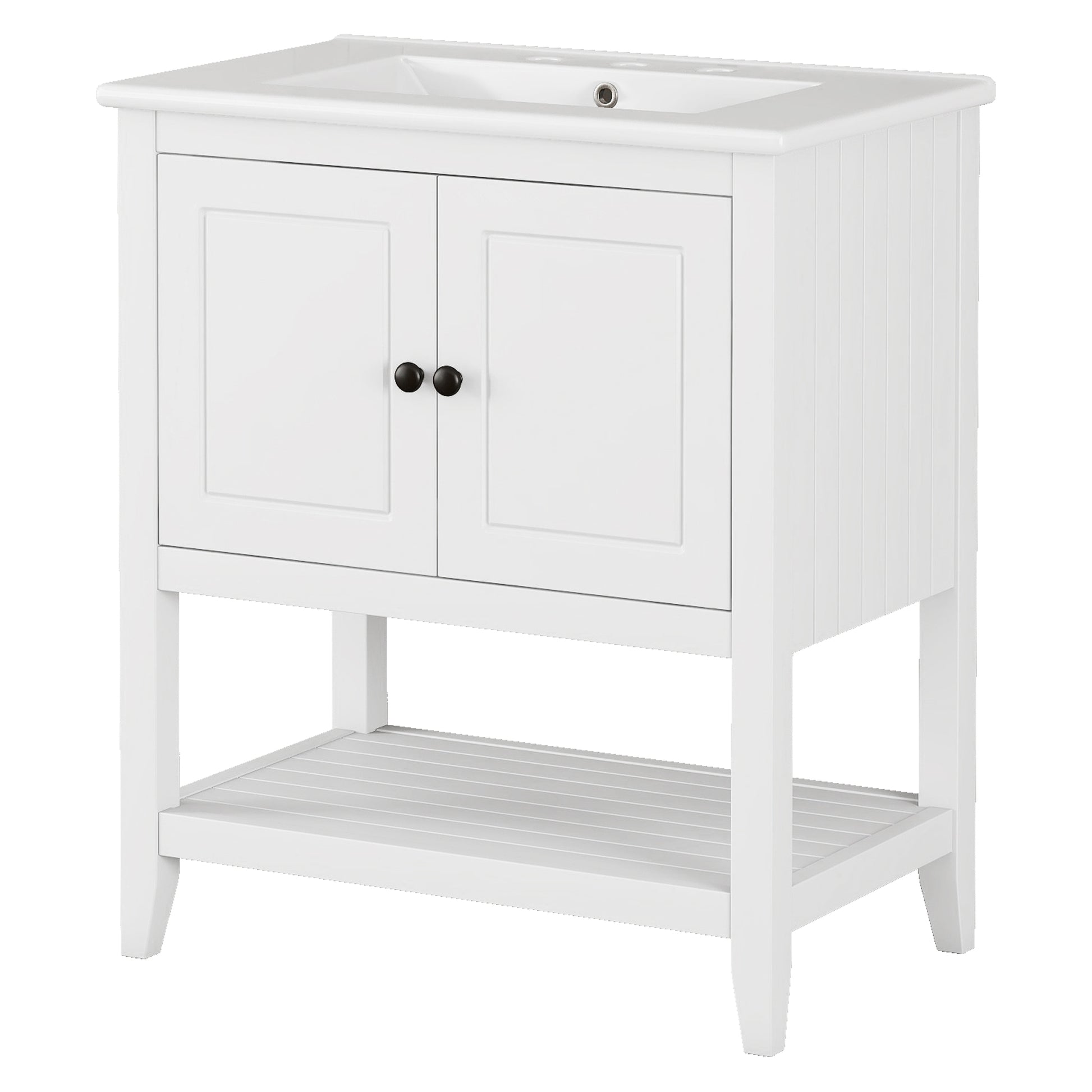 30" White Modern Sleek Bathroom Vanity Elegant Ceramic Sink With Solid Wood Frame Open Style Shelf & Door Shelf Design White Solid Wood