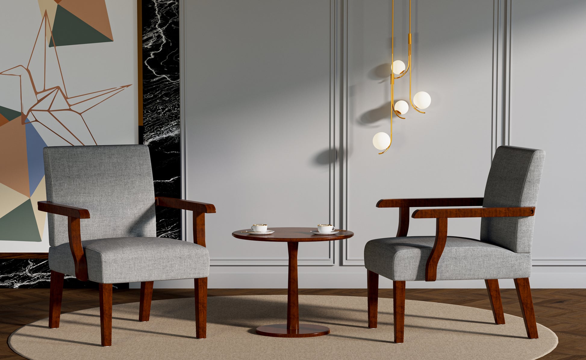 Fabric Accent Arm Chair Set Of 2 With Round Wood Table Grey Fabric