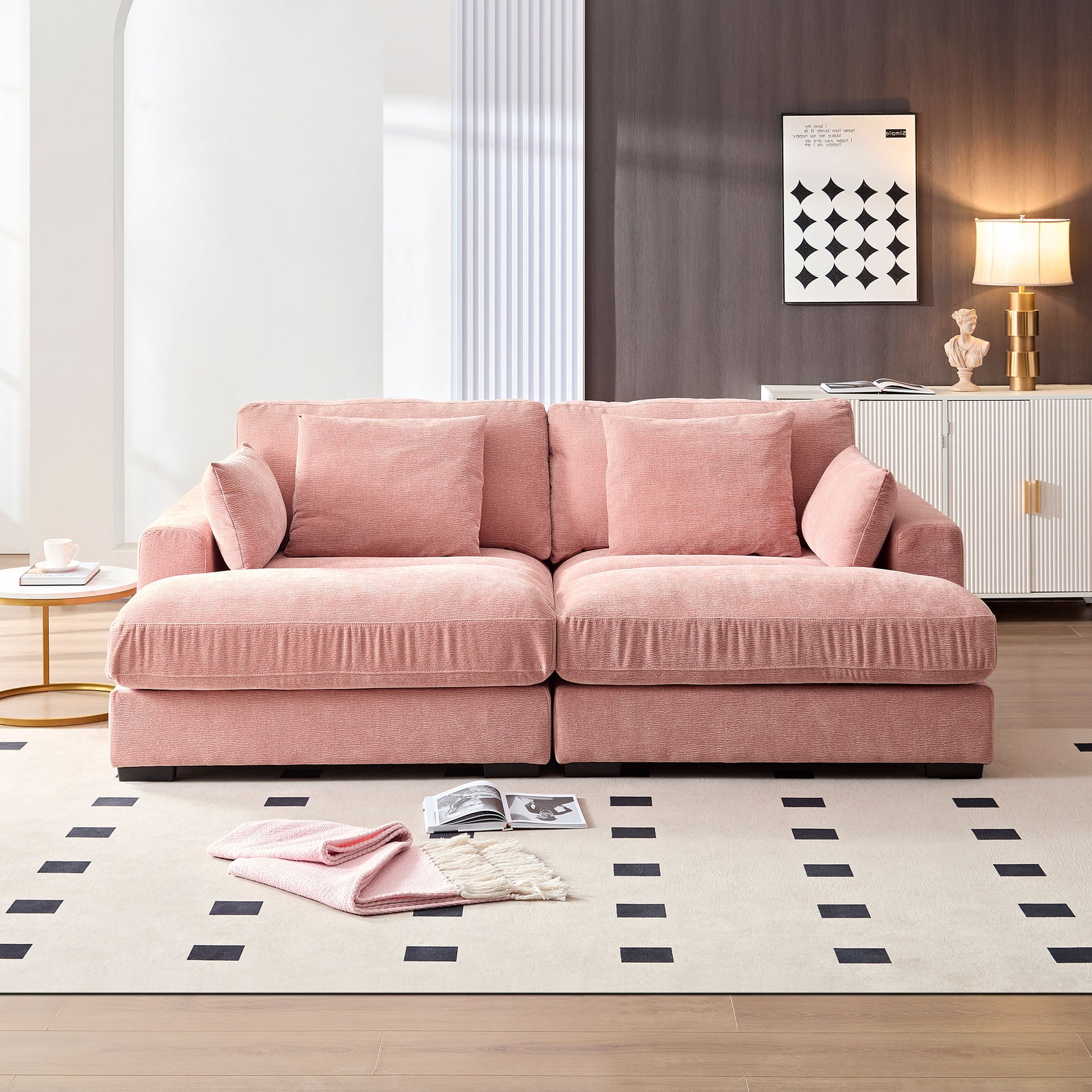 89.76 Inch Double Sleeper Sofa Cloud Couch Soft Fluffy Fabric Upholstery With Square Armrests,Comfor Daybed With Over Wide Sofa Bed,Modern Beanbag For Living Room Apartment,Pink Pink Fabric 2 Seat