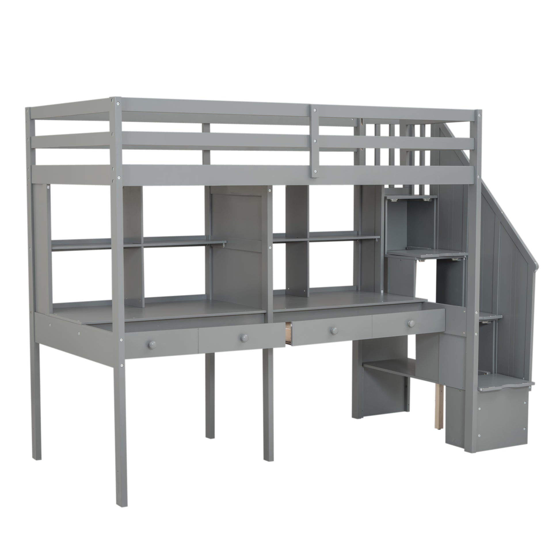 Twin Size Loft Bed Frame With Storage Staircase And Double Desks And Shelves,Gray Twin Gray Solid Wood Mdf