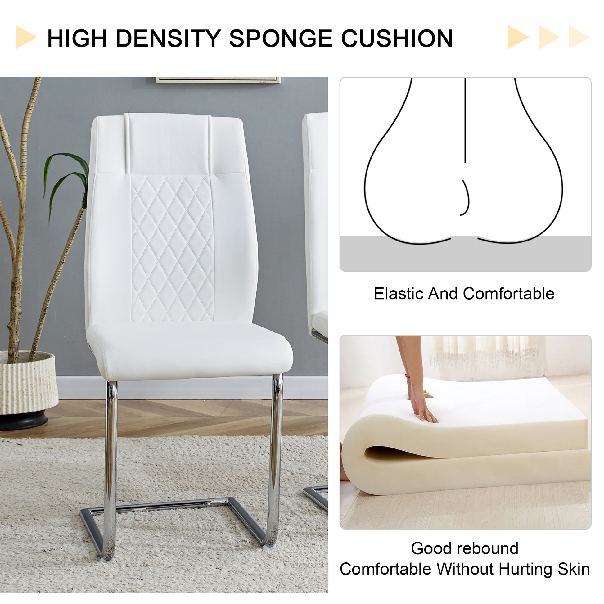 Table And Chair Set. Large Modern Rectangular Table With White Textured Top And Silver Metal Legs. Soft And Comfortable Pu Seats, Faux Leather Upholstered Seats And Sturdy Metal Legs. White Mdf Metal