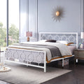 King Size Classical Metal Bed Frame With Circular Design Headboard And Footboard, Under Bed Space, White King White Iron