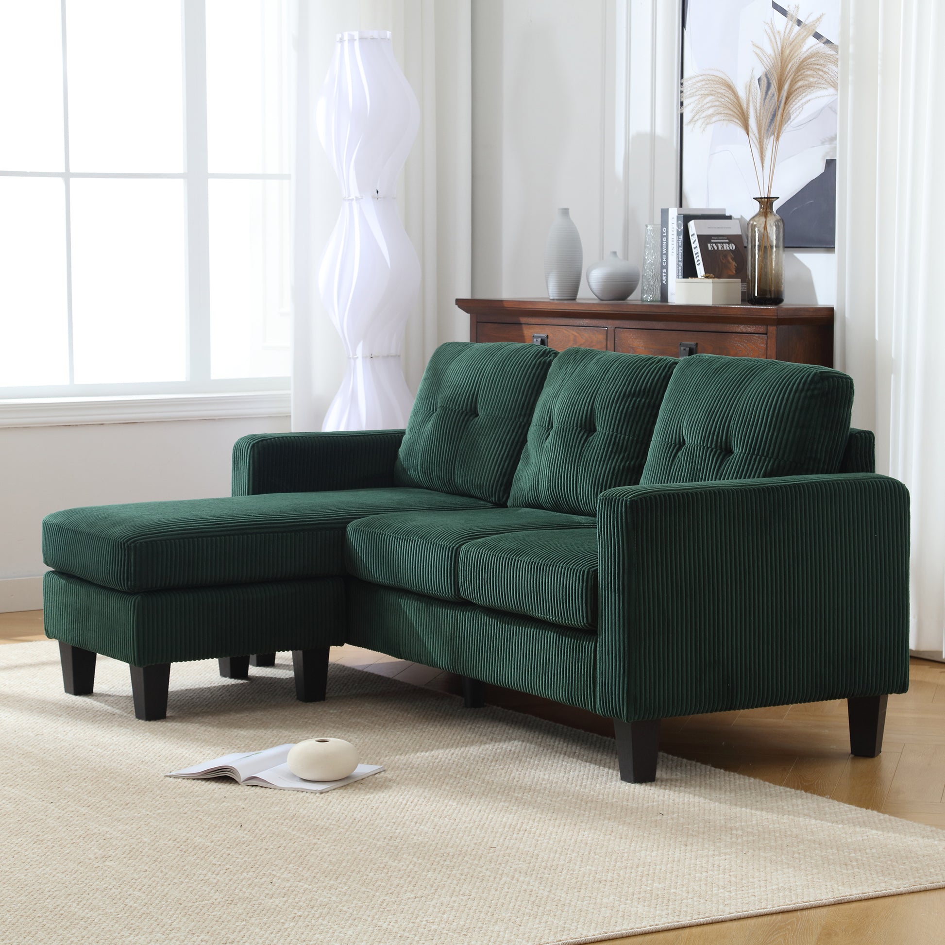 Velvet Sectional Couchl Shaped Sofa With Ottoman For Small Apartment Emerald Velvet 3 Seat