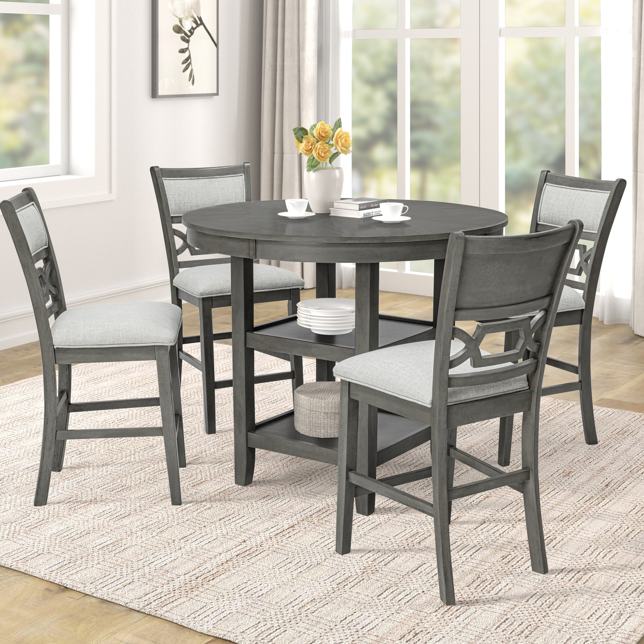 Counter Height Dining 5Pc Pub Height Dining Round Table Set Lower Storage Shelves Dining Room Set Wooden Wood Dining Room Fixed Table Rubberwood Round Dining Table With Chair Wood Wood Gray Seats 4