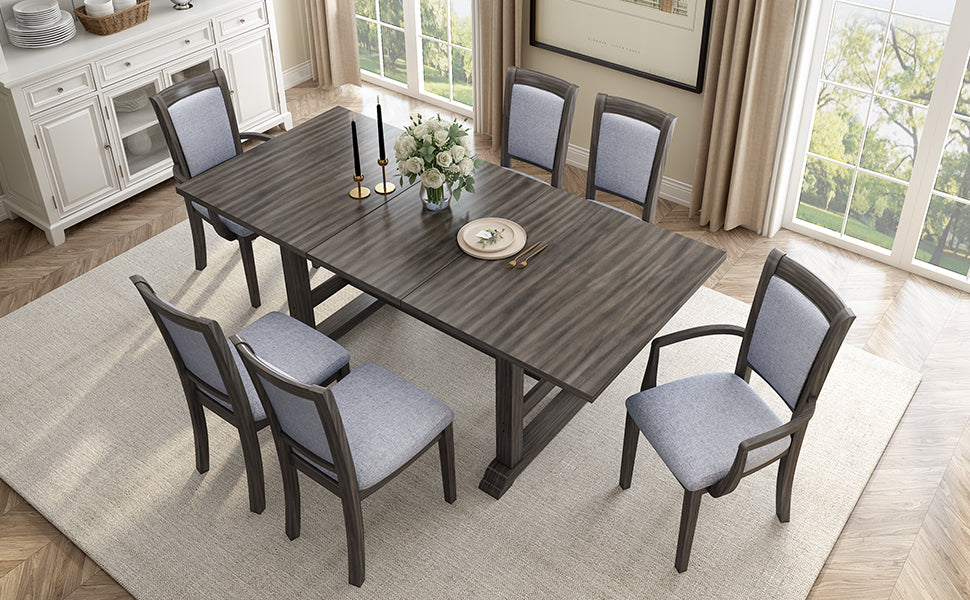 7 Piece Updated 76.9Inch Extendable Trestle Dining Table Set With Removable Leaf, Kitchen Table Set With Upholstered Side Chair And Arm Chair, Set Of 6, Grey Brown Wood Dining Room Solid Wood Rubberwood Rectangular Dining Table With Chair Upholstered
