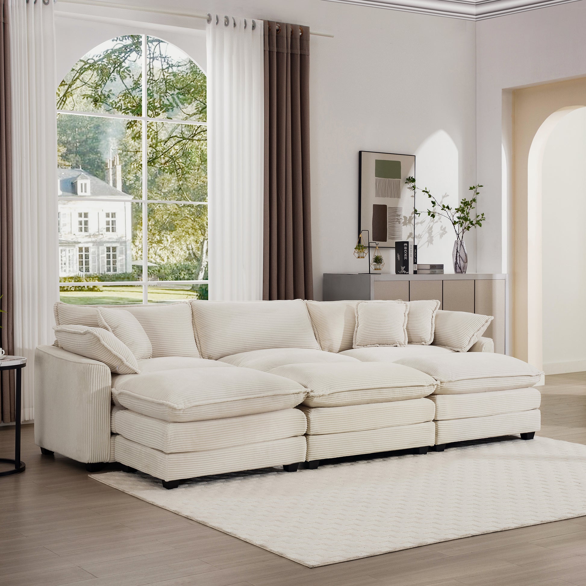 Oversized Modular Cushioned Sofa With 3 Ottomans, Modular Sofa Set To Work As Sleeper Sofa Bed6 Piece Sofa Set With One 3 Seater Sofa And Three Ottomans, Light Beige Corduroy Beige Corduroy 3 Seat