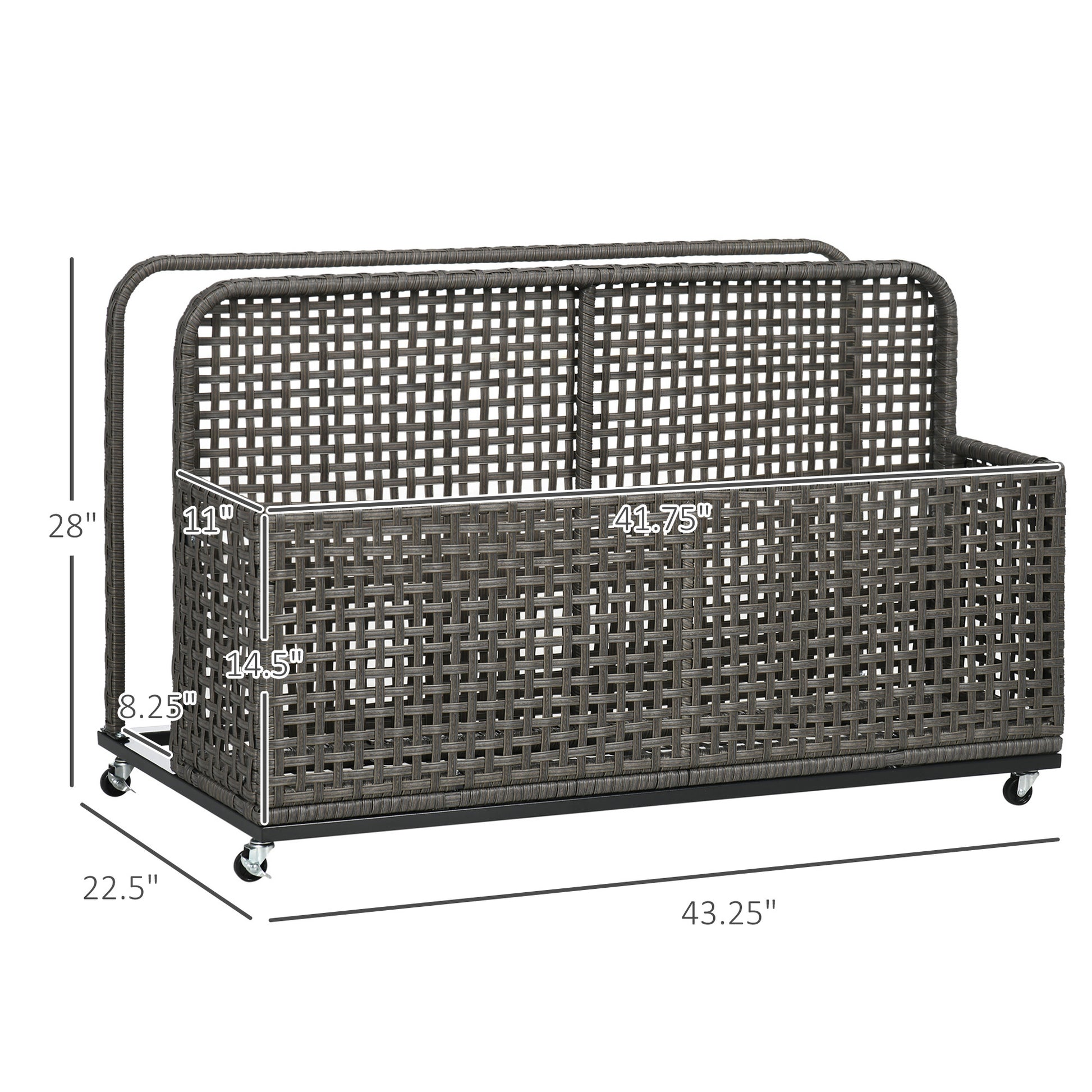 Outsunny Patio Wicker Pool Float Storage With Wheels, Outdoor Rolling Pe Rattan Pool Caddy, Includes Compartment And Basket, For Pool, Garden, Deck, Light Gray Gray Steel