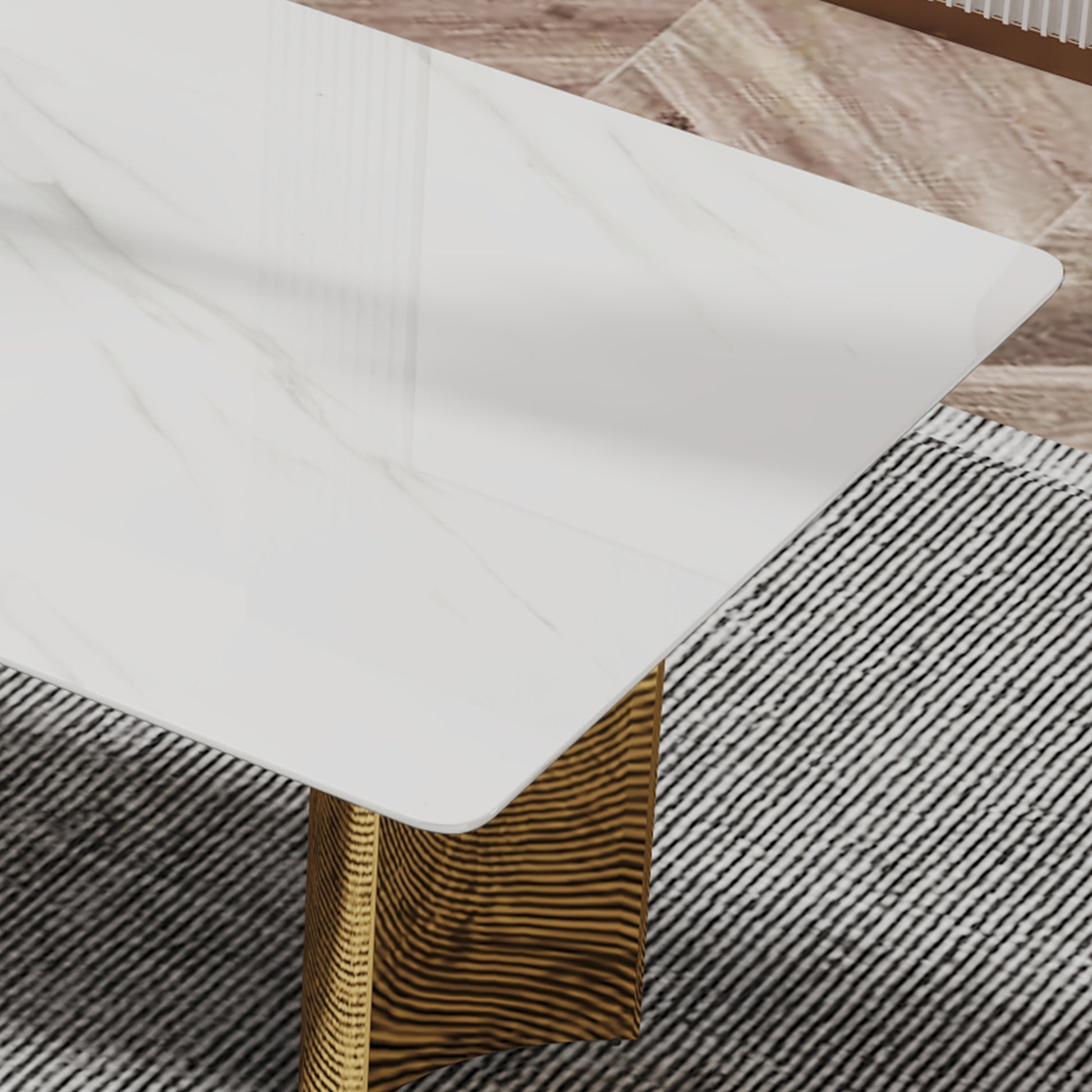 Table And Chair Set.The Table Has A Glass Tabletop With Imitation Marble Pattern Stickers And Stainless Steel Golden Table Legs. Paried With Comfortable Chairs With Pu Seats And Metal Legs. White Gold Seats 8 Glass Metal