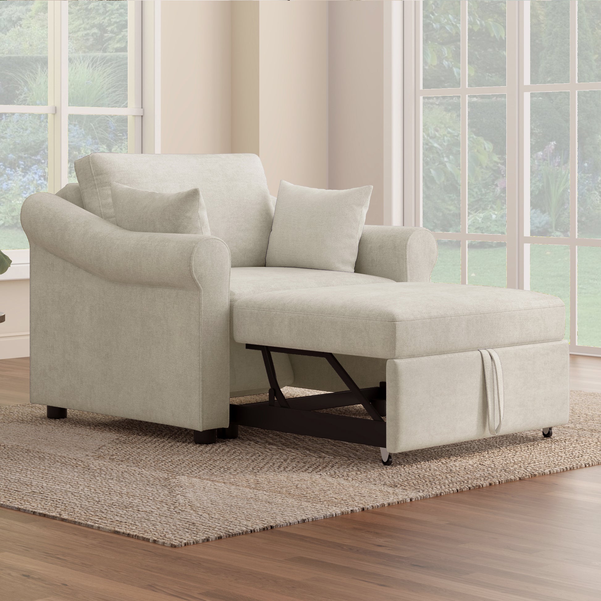 Chenille Convertible Sleeper Chair With Adjustable Backrest, 3 In 1 Lounger Chair Turns Into Bed, Single Bed For Living Room, Beige Beige Chenille