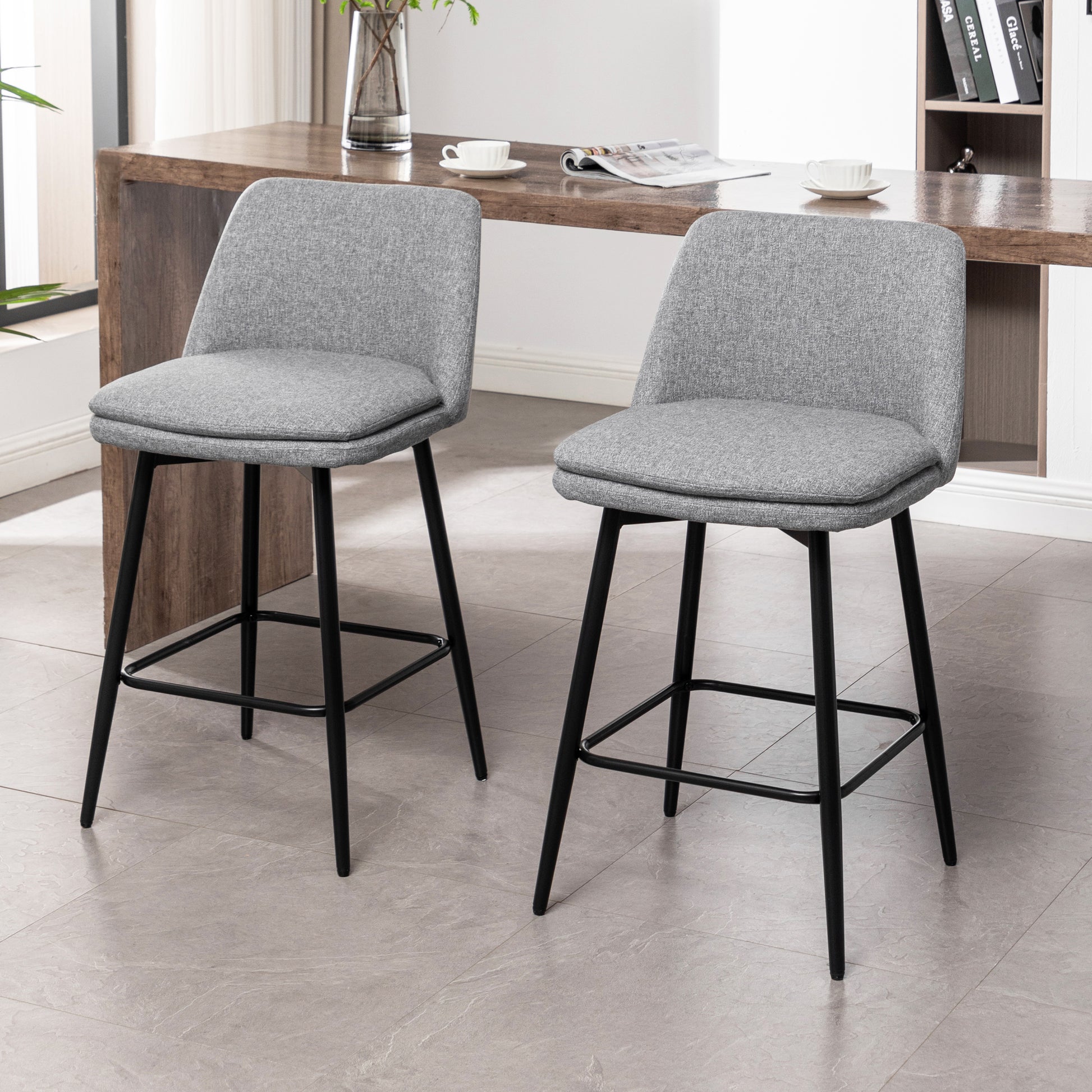 Counter Height Swivel Bar Stools Set Of 2, 360 Swivel Upholstered Barstools With Back And Metal Legs, 25.6" Seat Height,Counter Stools For Kitchen Island And Pub,Linen Cloth,Grey Light Grey Set Of 2 Linen