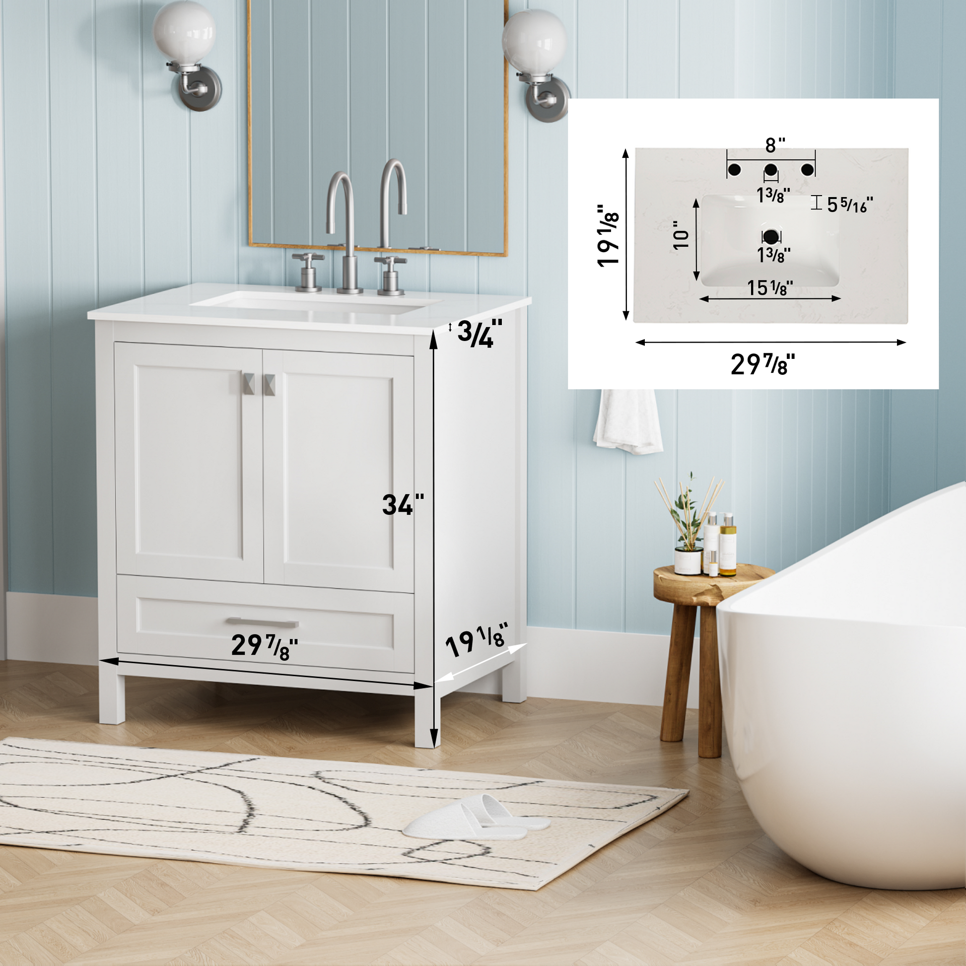 30 Inch Freestanding Bathroom Vanity With Sink, Carrara Engineered Marble Vanity Top With Undermounted Rectangular Ceramic Sink, Large Storage Soft Close Door, White 24V03 30Wh White Wood Solid Wood