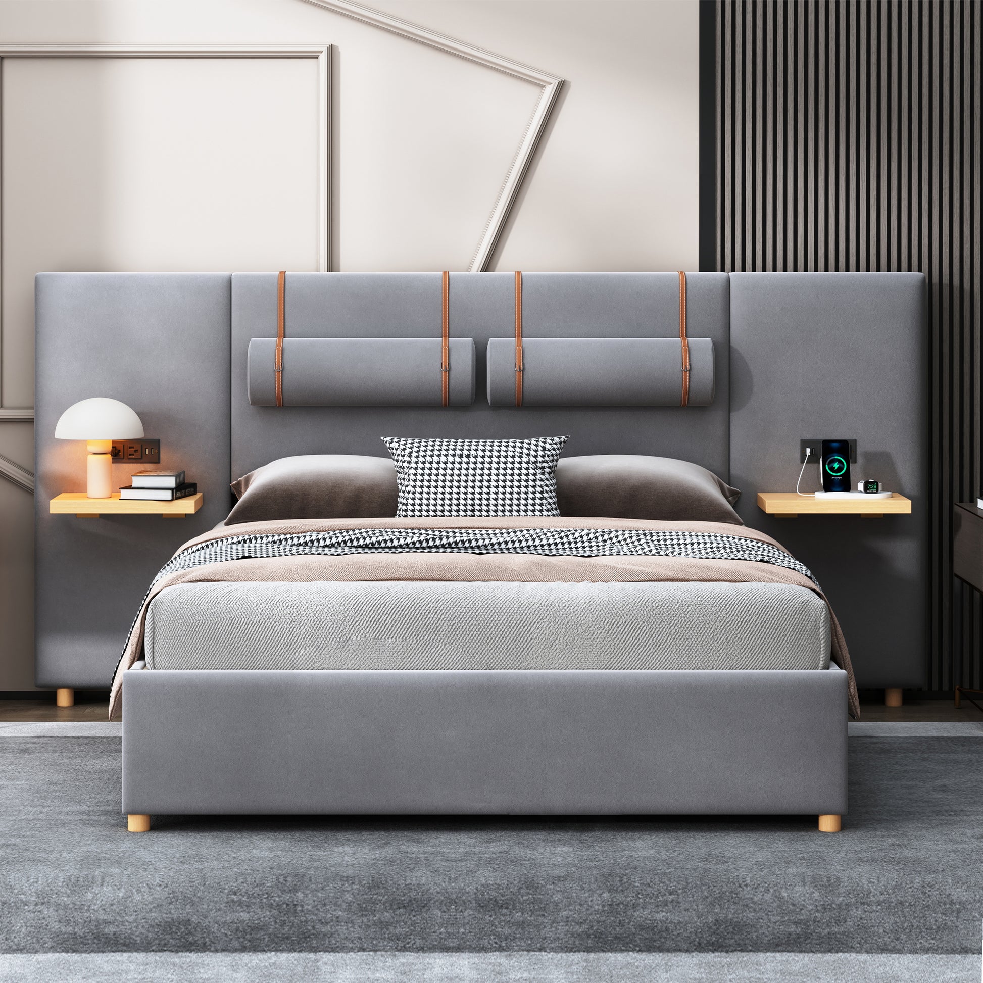 Queen Upholstered Platform Bed, Two Outlets And Usb Charging Ports On Both Sides, Two Bedside Pillows, Storage Shelves, Velvet,Gray Queen Gray Mdf Lvl