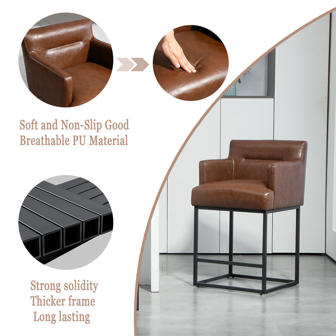 Coolmore Counter Height Bar Stools Set Of 2, Modern Square Bar Stool With Back, Black Metal Frames, Upholstered Bar Stools For Kitchen Island, Pub, Club Brown Pu Brown Pu Primary Living Space Foam Pu