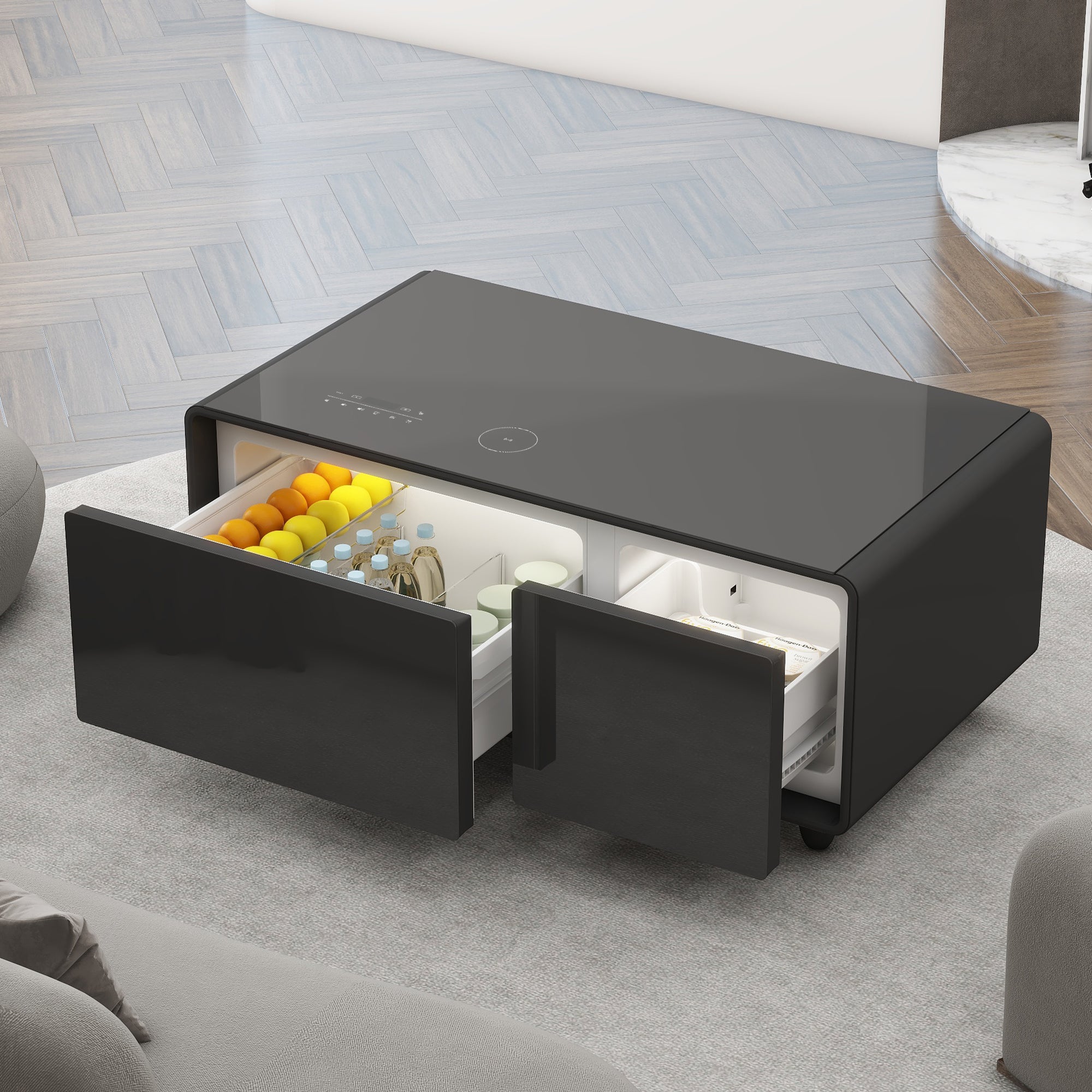 Modern Smart Coffee Table With Built In Fridge, Bluetooth Speaker, Wireless Charging, Touch Control Panel, Usb Interface, Outlet Protection, Atmosphere Light, Black Black Built In Outlets Or Usb Primary Living Space Luxury,Modern Freestanding Rectangular