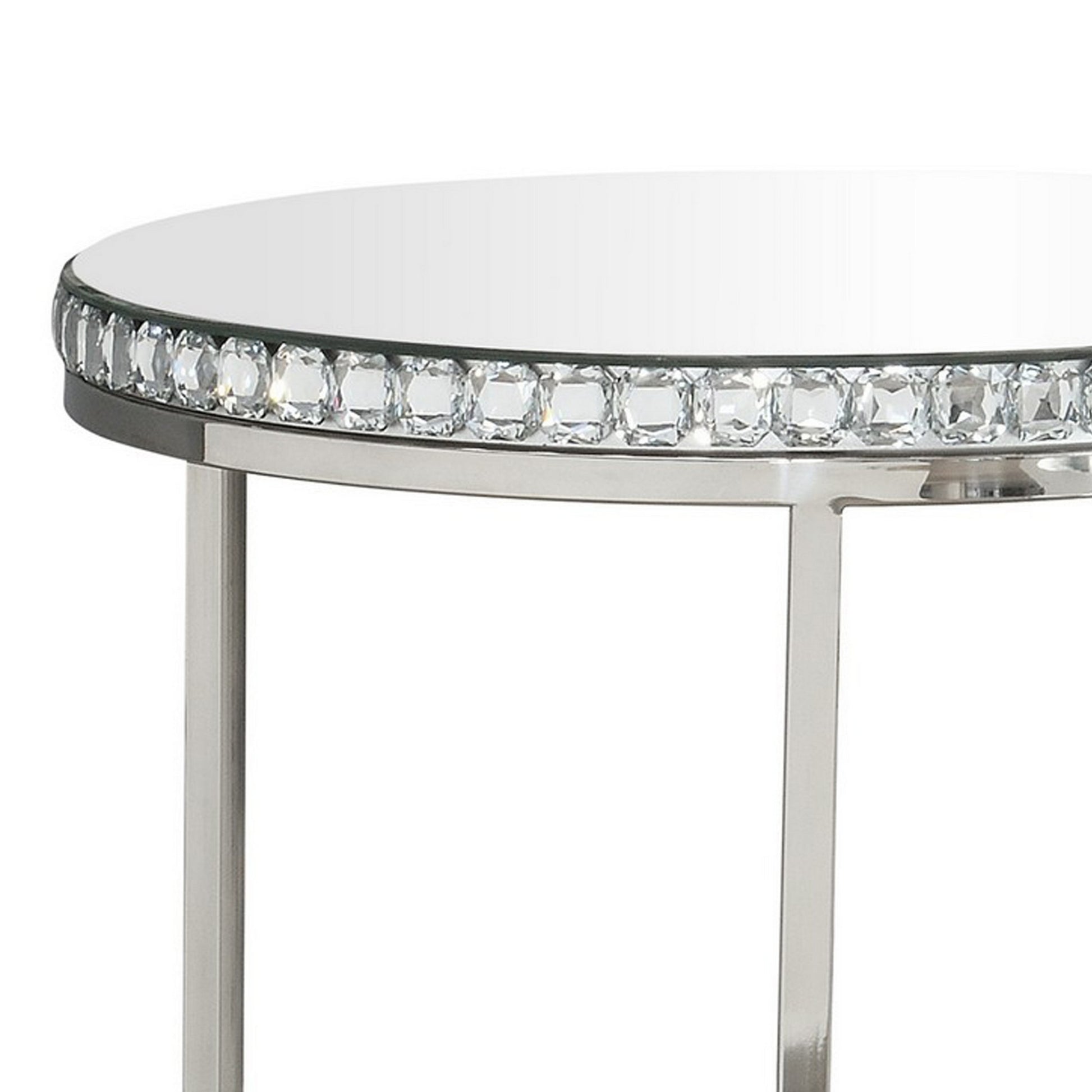 24 Inch Nesting Accent Tables, Mirrored Gemstone Trim, Set Of 2, Silver Silver Glass Metal
