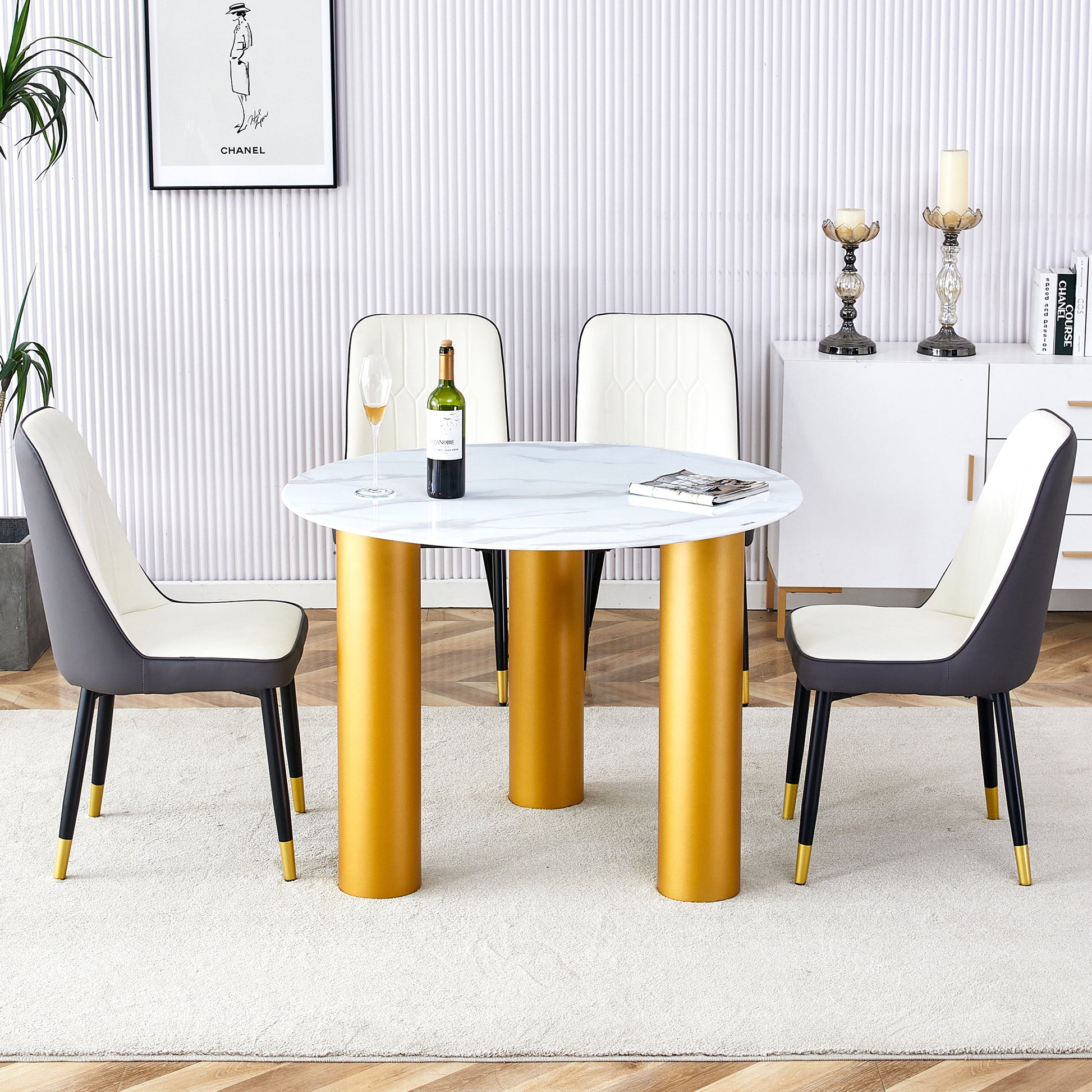 Round White Dining Table, Artificial Marble Glass Stickers, Golden Mdf Legs, Kitchen Dining Table, Living Room Dining Table 40 "* 40" * 29.4 "F X03 White Mdf