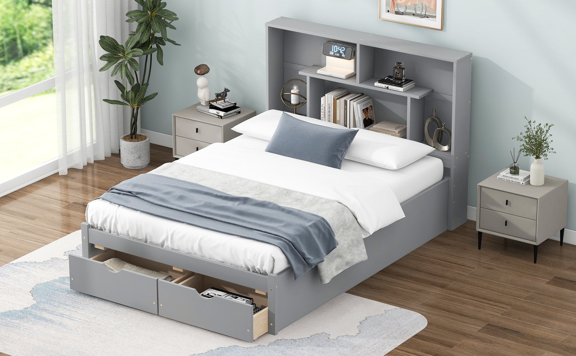 Full Size Platform Bed With Storage Headboard And 2 Drawers, Gray Box Spring Not Required Full Gray Wood Bedroom Bed Frame Solid Wood Mdf