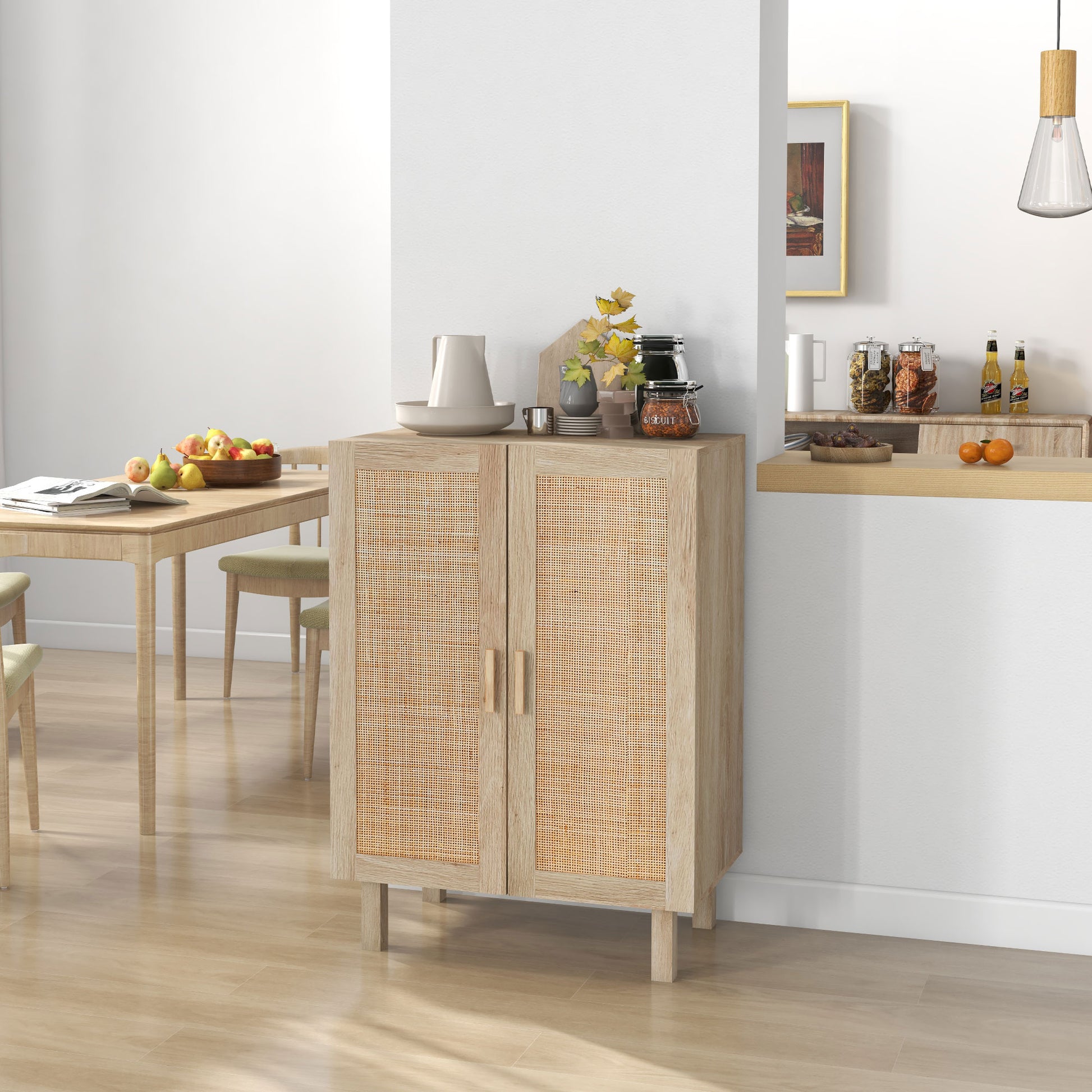 Homcom Sideboard Buffet Cabinet, Kitchen Cabinet, Coffee Bar Cabinet With 2 Rattan Doors And Adjustable Shelves, Natural Natural Wood Particle Board
