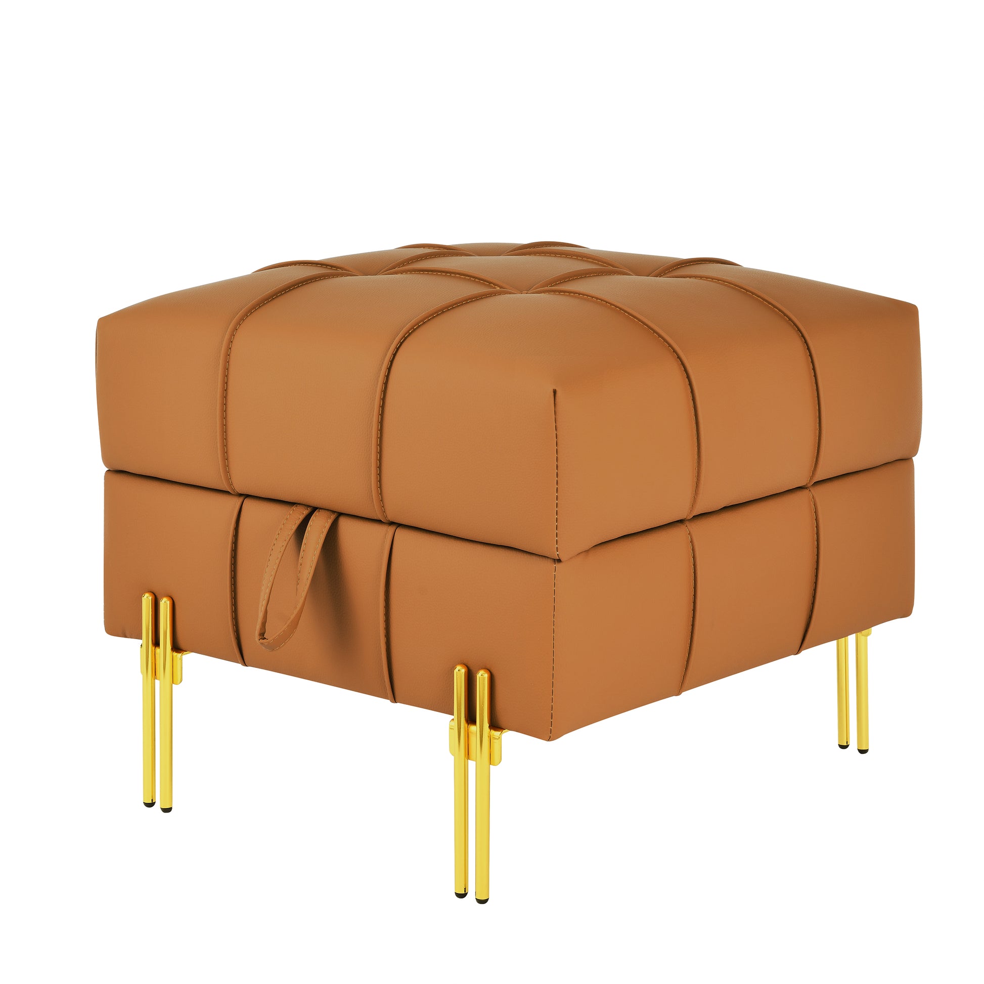 22 Inches Anti Scratch Leather Storage Ottoman, Pet Friendly Entryway Bench With Golden Stainless Steel Legs, Orange Orange Leather