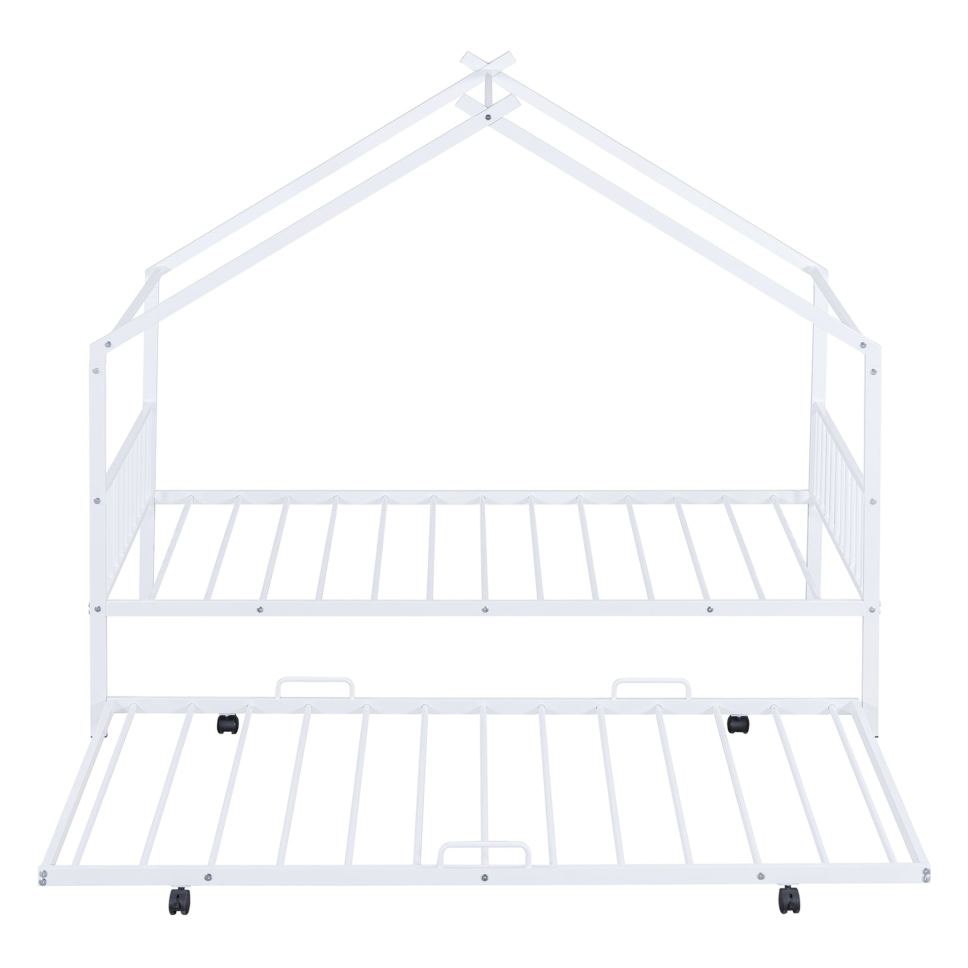 Twin Size Metal House Bed With Twin Size Trundle, White Twin White Metal