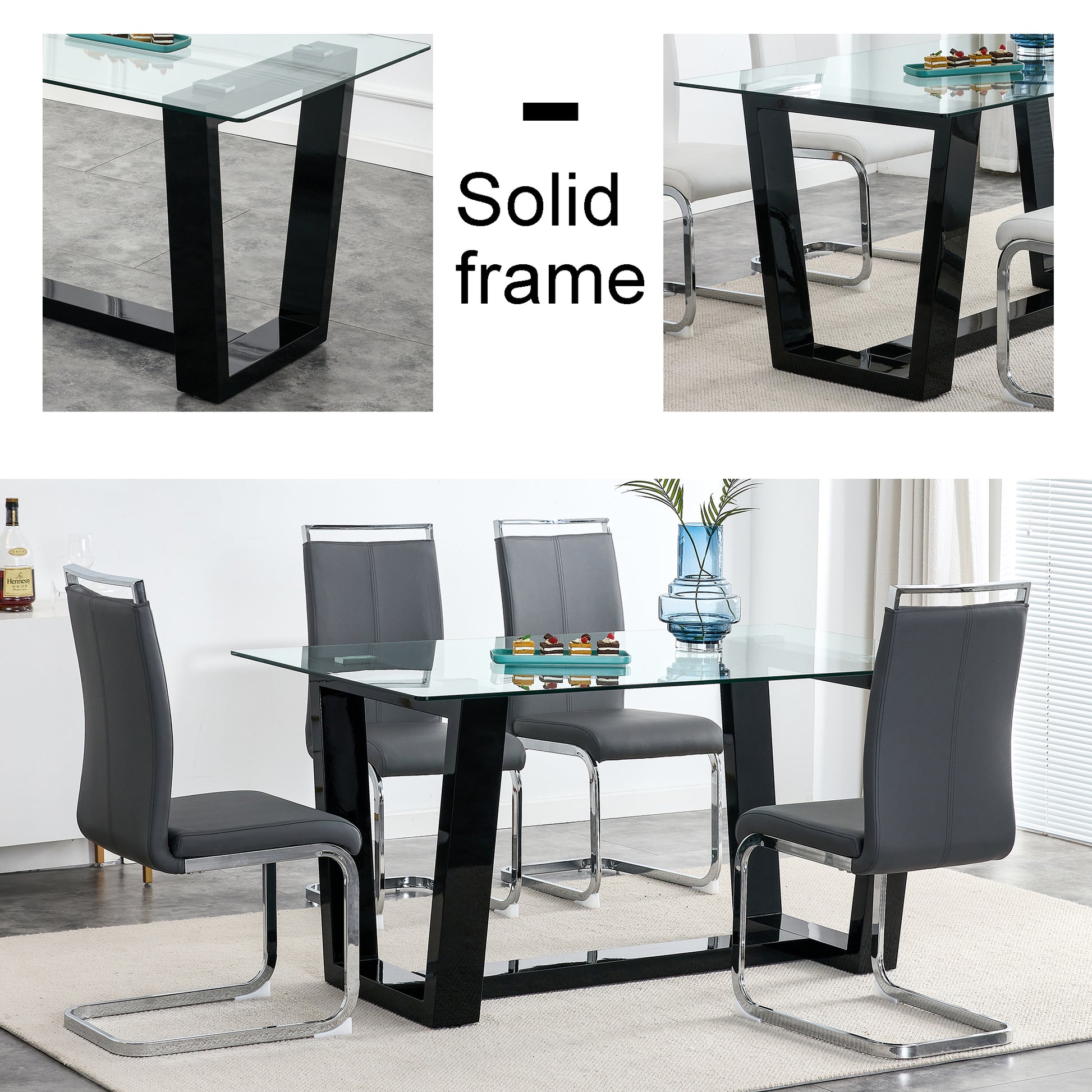 Seating 6 8 People, This Modern, Minimalist Rectangular Dining Table Features A Tempered Glass Top And A Sleek Black Mdf Stand. Suitable For Kitchen, Dining Room, Living Room, Meeting Room Transparent Mdf Glass