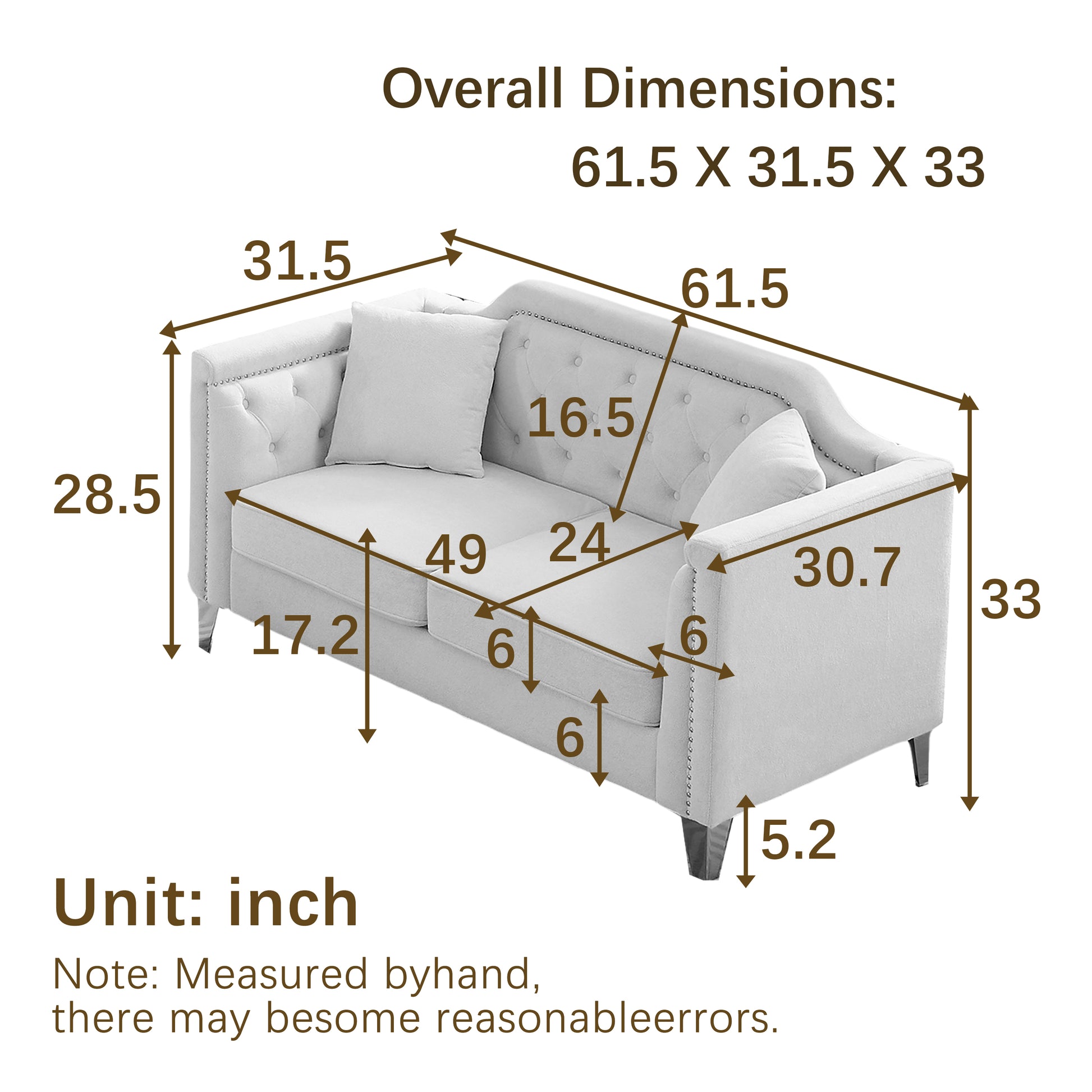 Fx 61.5"Mid Century Design Modern Sofa,Chenille Pull Buckle Design Sofa For Living Room,Buttons Tufted With Copper Nail Decoration Armrest, With 2 Pillows,Modern Couch Upholstered Button And Metal Leg Beige Chenille Wood Pine Foam Fabric 2 Seat
