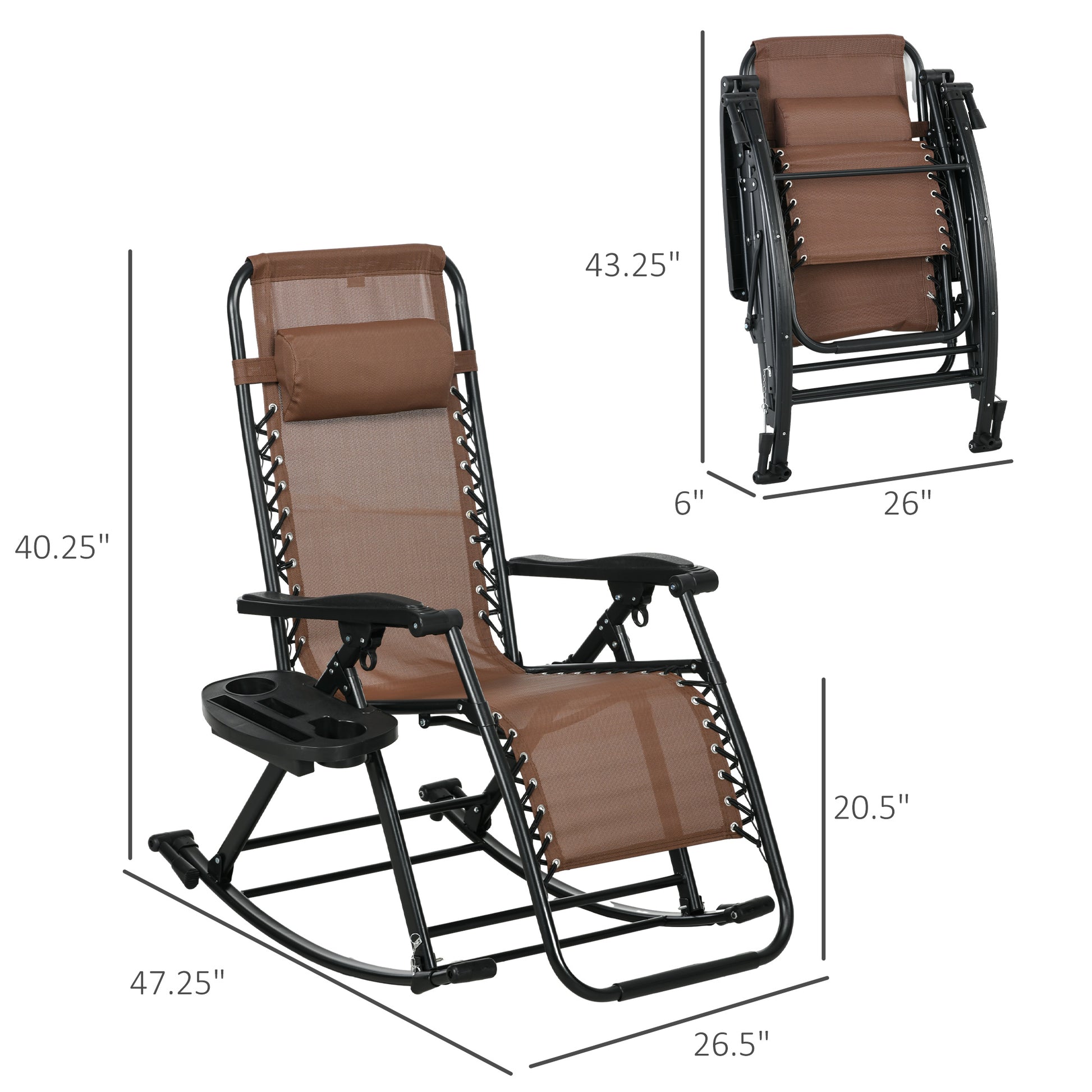 Outsunny Set Of 2 Outdoor Rocking Chairs, Foldable Reclining Zero Gravity Lounge Rocker With Pillow, Cup & Phone Holder, Combo Design With Folding Legs, Brown Brown Fabric Metal