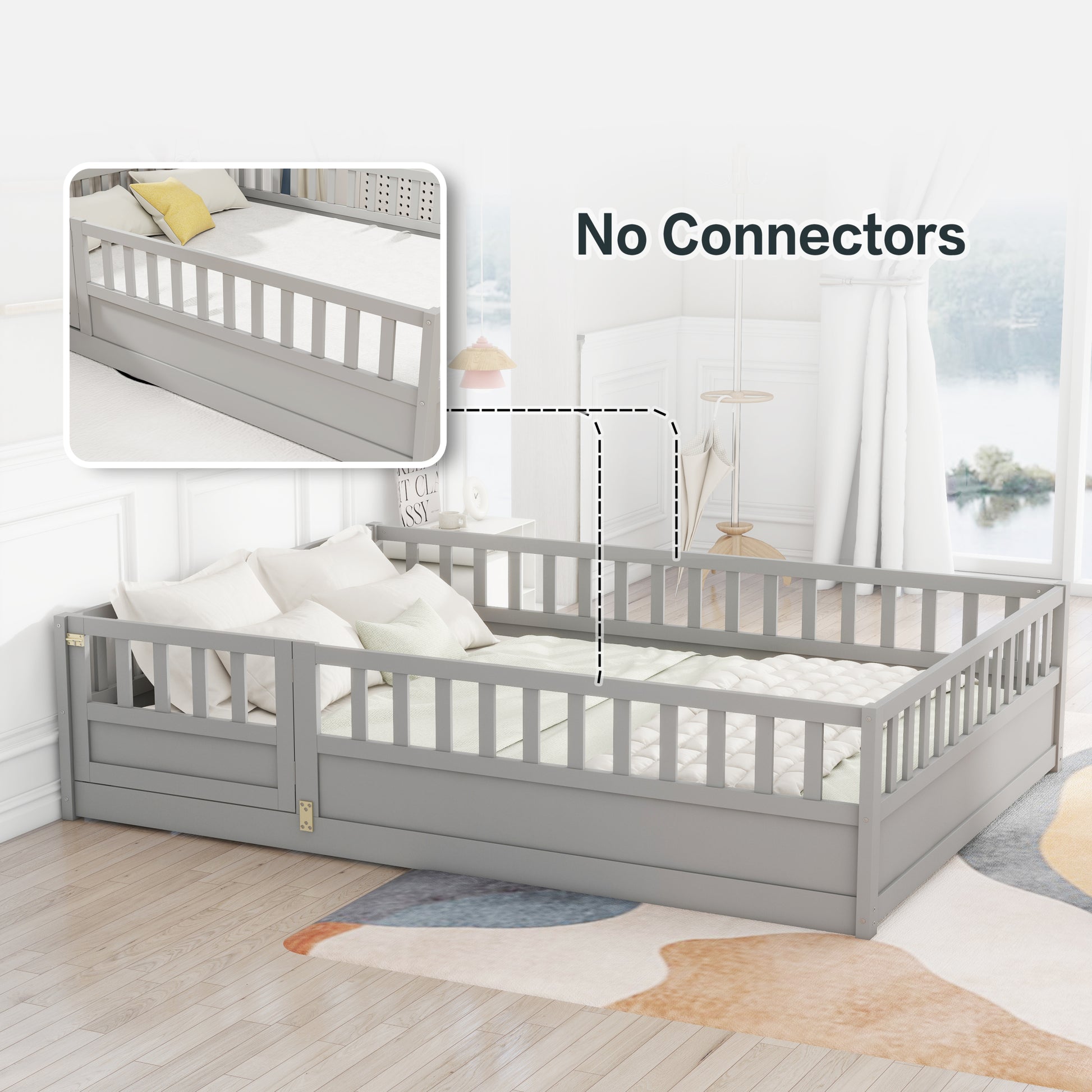 Full Size Floor Bed, Integral Construction With Super High Security Barrier, Door, Children'S Floor Bed Frame, Montessori Wooden Children'S Floor Bed, Support Slat Grey Box Spring Required Full Grey Wood Brown Bedroom American Design,Artsy Pine Bed Frame